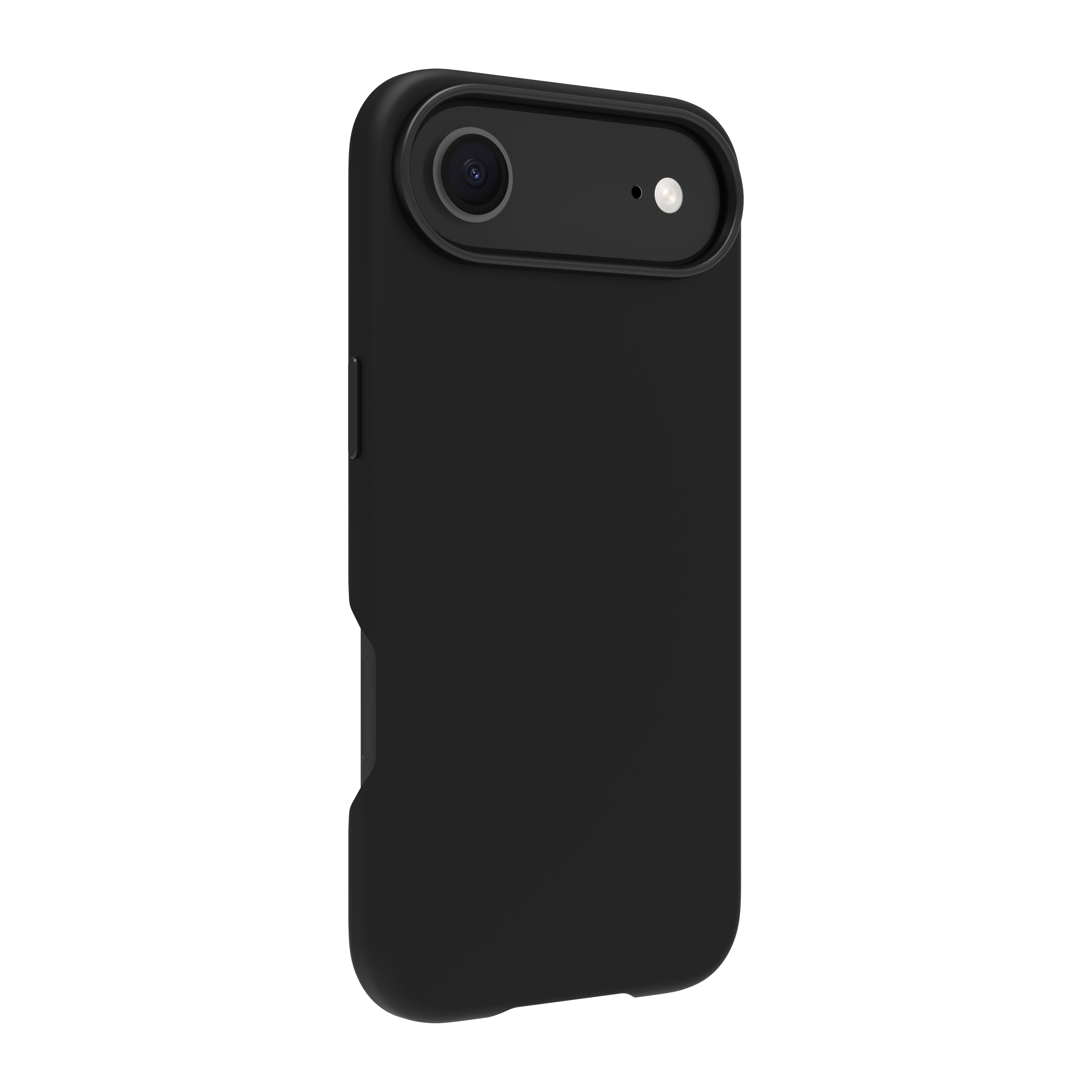 Una custodia nera per telefono con ritaglio per fotocamera, flash e pulsanti. Su sfondo bianco.