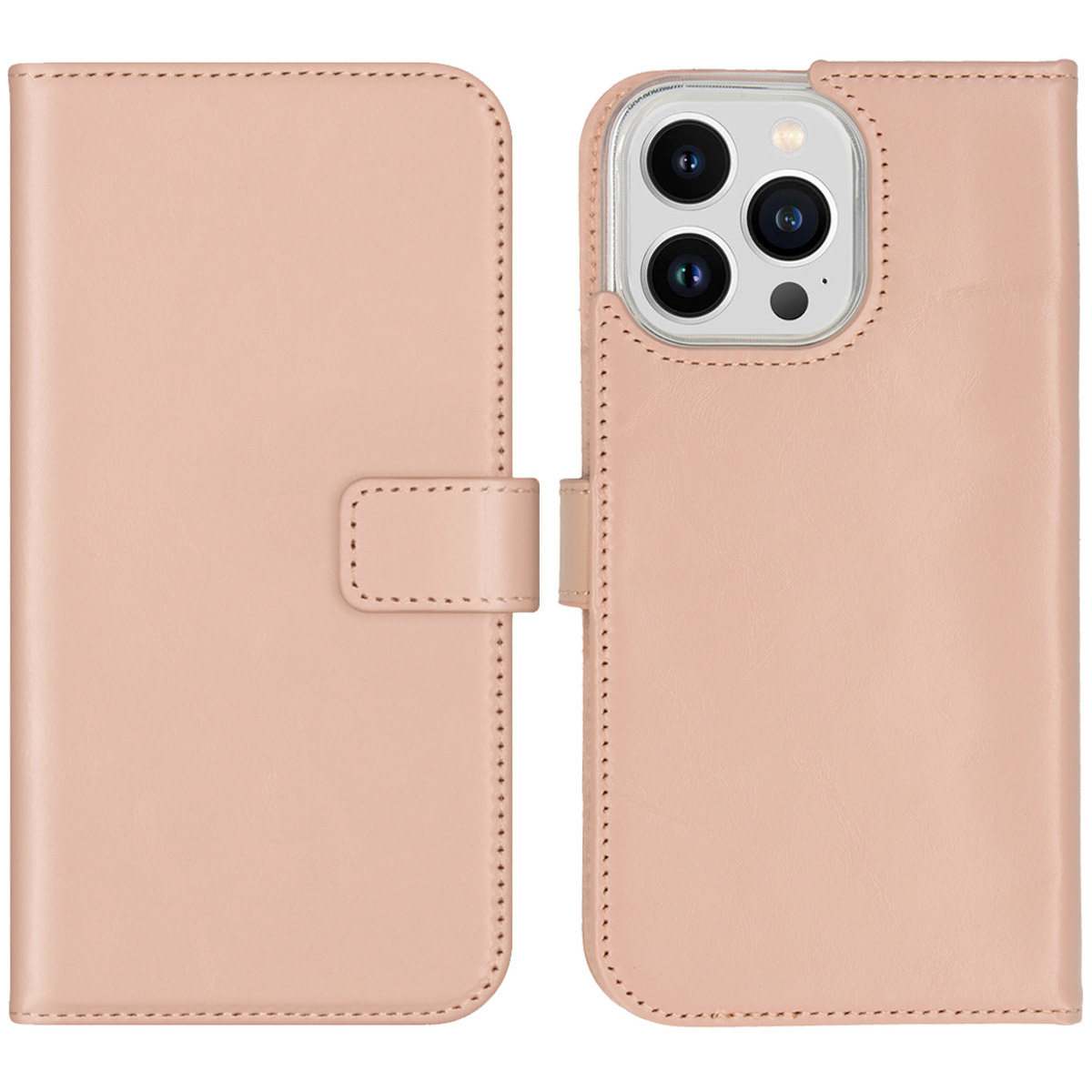 Een roze leren telefoonhoes, open, met de camera en het scherm van de telefoon. De hoes heeft een magnetische sluiting.