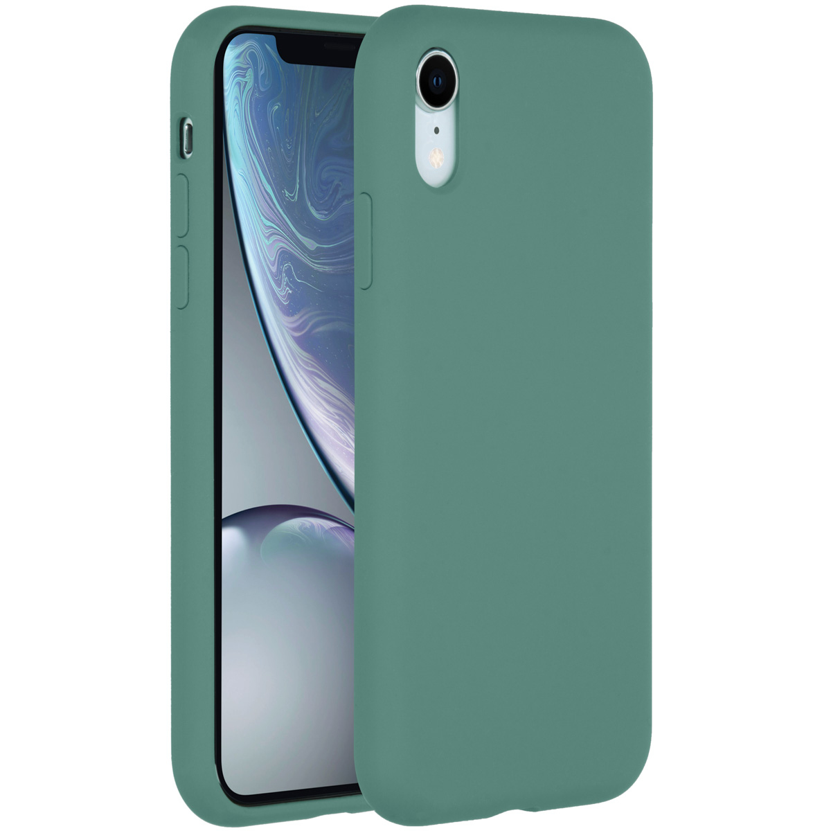 Een groene telefoonhoes en een iPhone. De hoes zit rechts en de telefoon is gedeeltelijk zichtbaar. De achtergrond is wit.