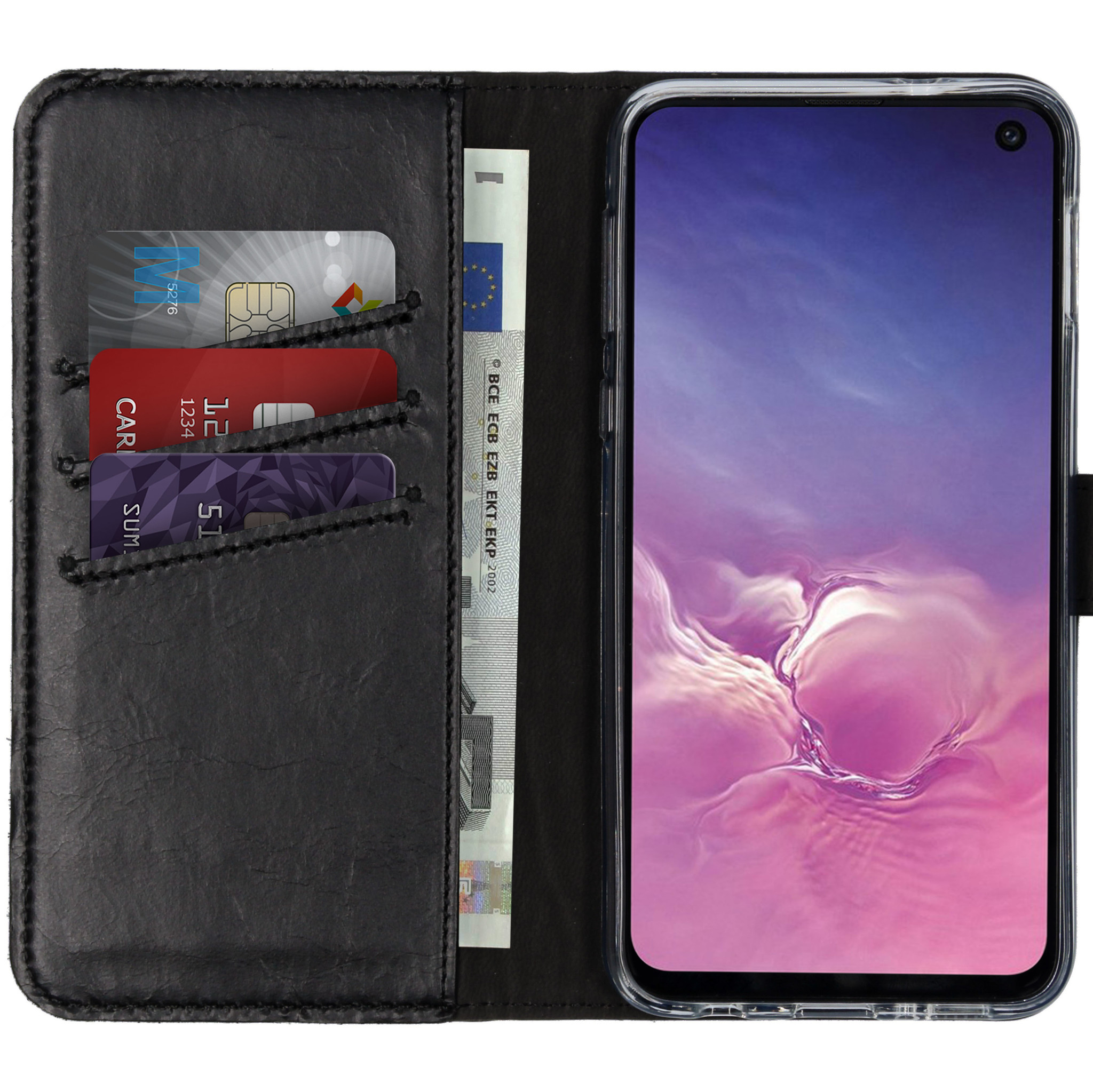 Zwarte leren portemonnee met creditcards en smartphone. Eurobiljet zichtbaar. Telefoonscherm toont roze ontwerp.
