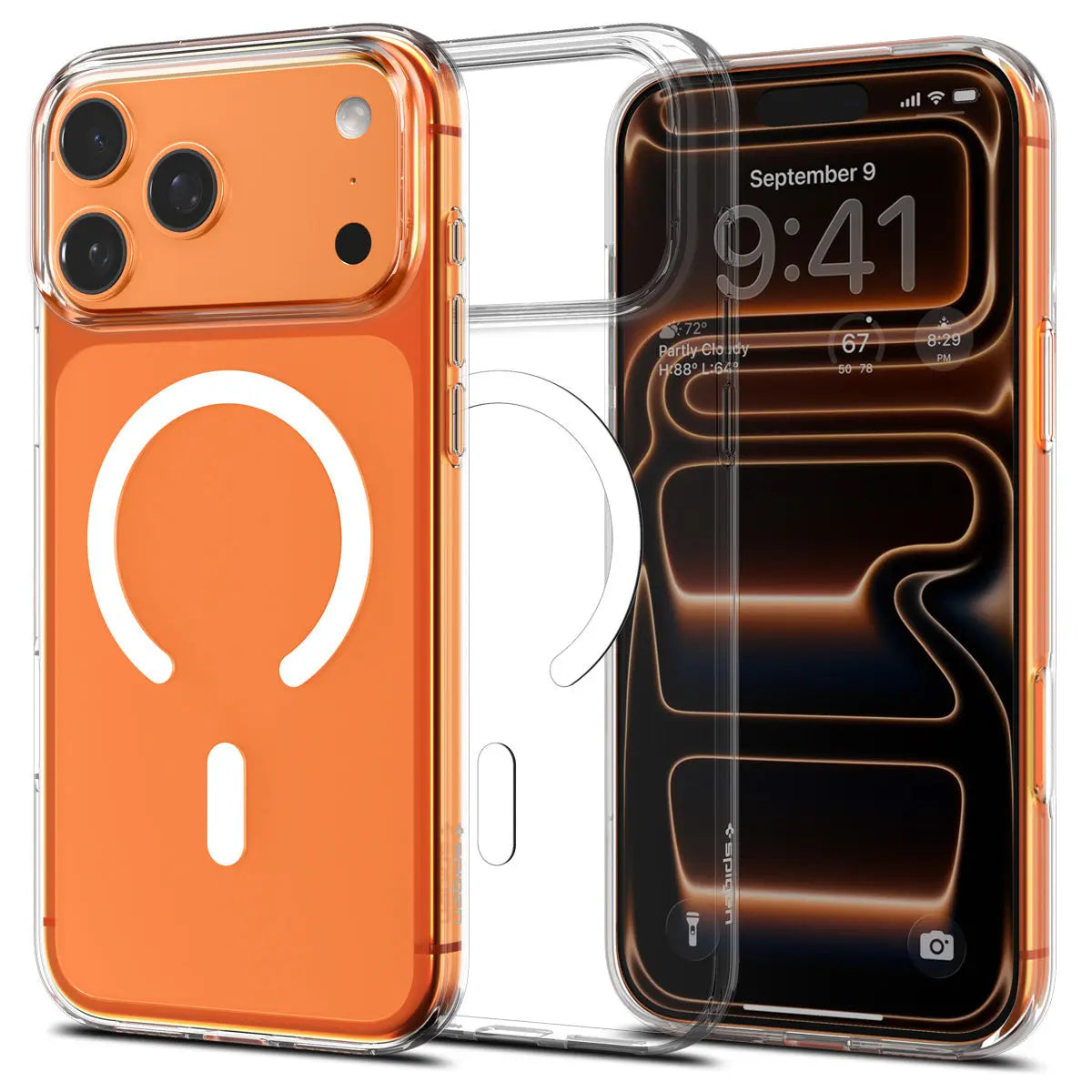 Une coque iPhone orange avec un cercle et un trait blancs, avec un iPhone affichant l'heure et la météo.