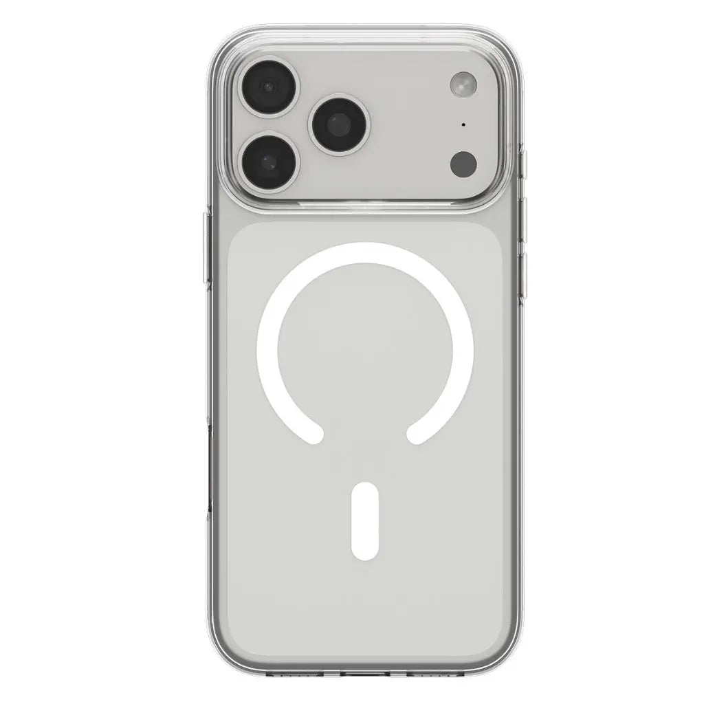 Coque de téléphone transparente. Objectifs de caméra visibles et un cercle blanc avec une ligne en dessous. La coque montre l'arrière du téléphone.