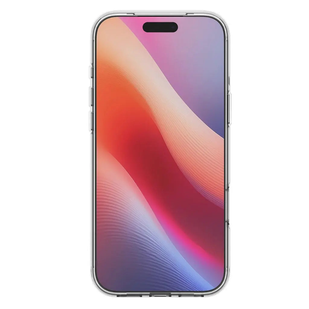 Un smartphone avec une coque transparente. L'écran affiche un design coloré et ondulé avec des teintes rouges, violettes et bleues.