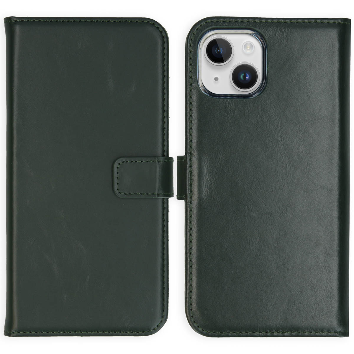 A dark green leather phone case, open. The left side is closed, the right holds a phone with camera. White background.