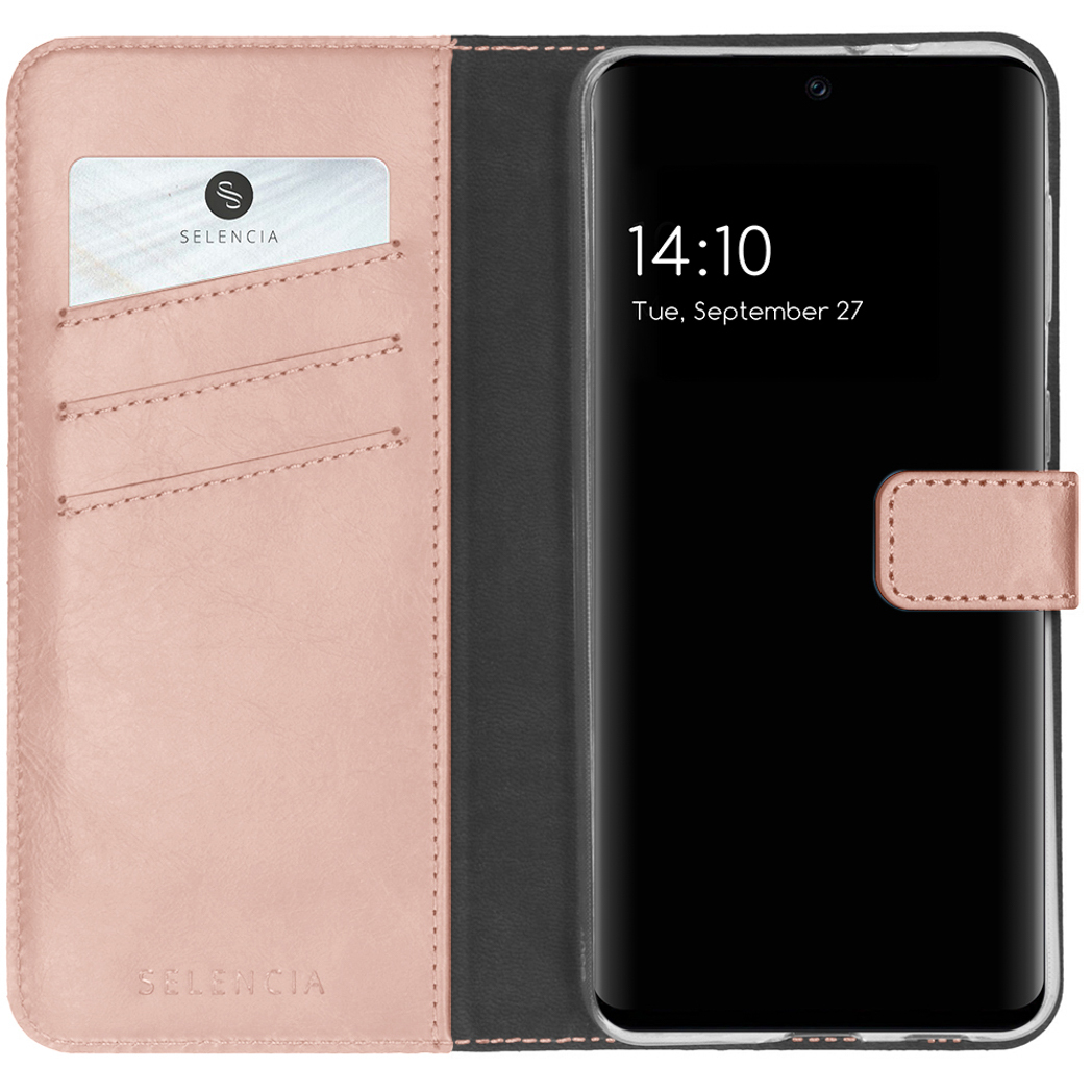 Custodia rosa per telefono con visualizzazione dell'ora. Con fessure per carte e chiusura magnetica.