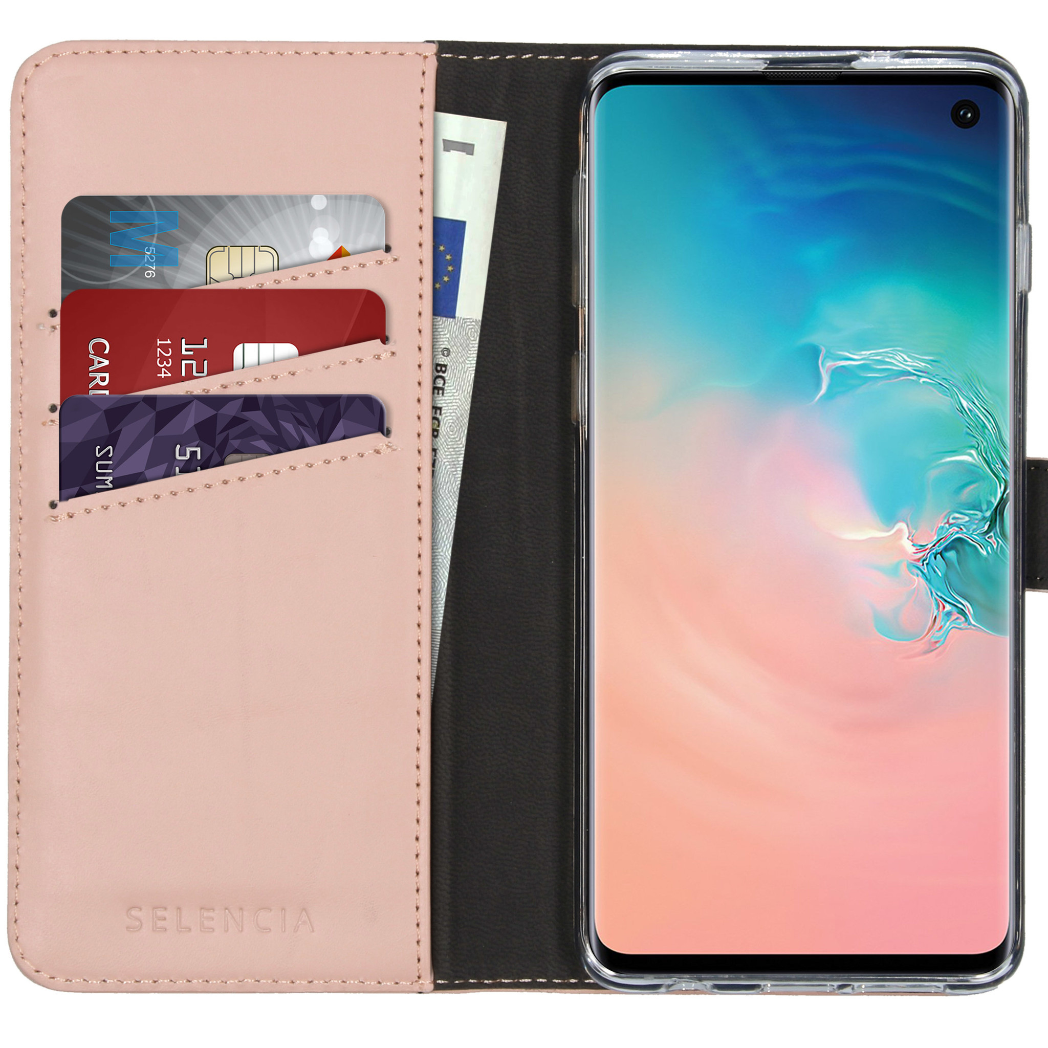 Roze telefoonhoesje met telefoon en kaarten. Eén kant heeft een telefoon, de andere heeft kaartsleuven en een eurobiljet.