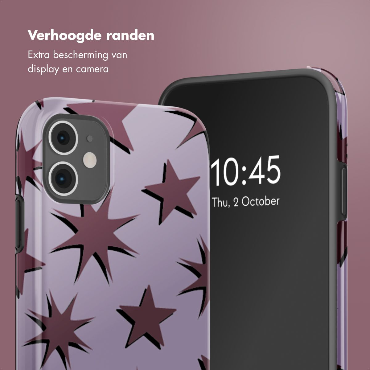 Un téléphone avec une coque à motifs d'étoiles. L'écran affiche l'heure 10h45 et la date. Protection supplémentaire pour l'écran et l'appareil photo.