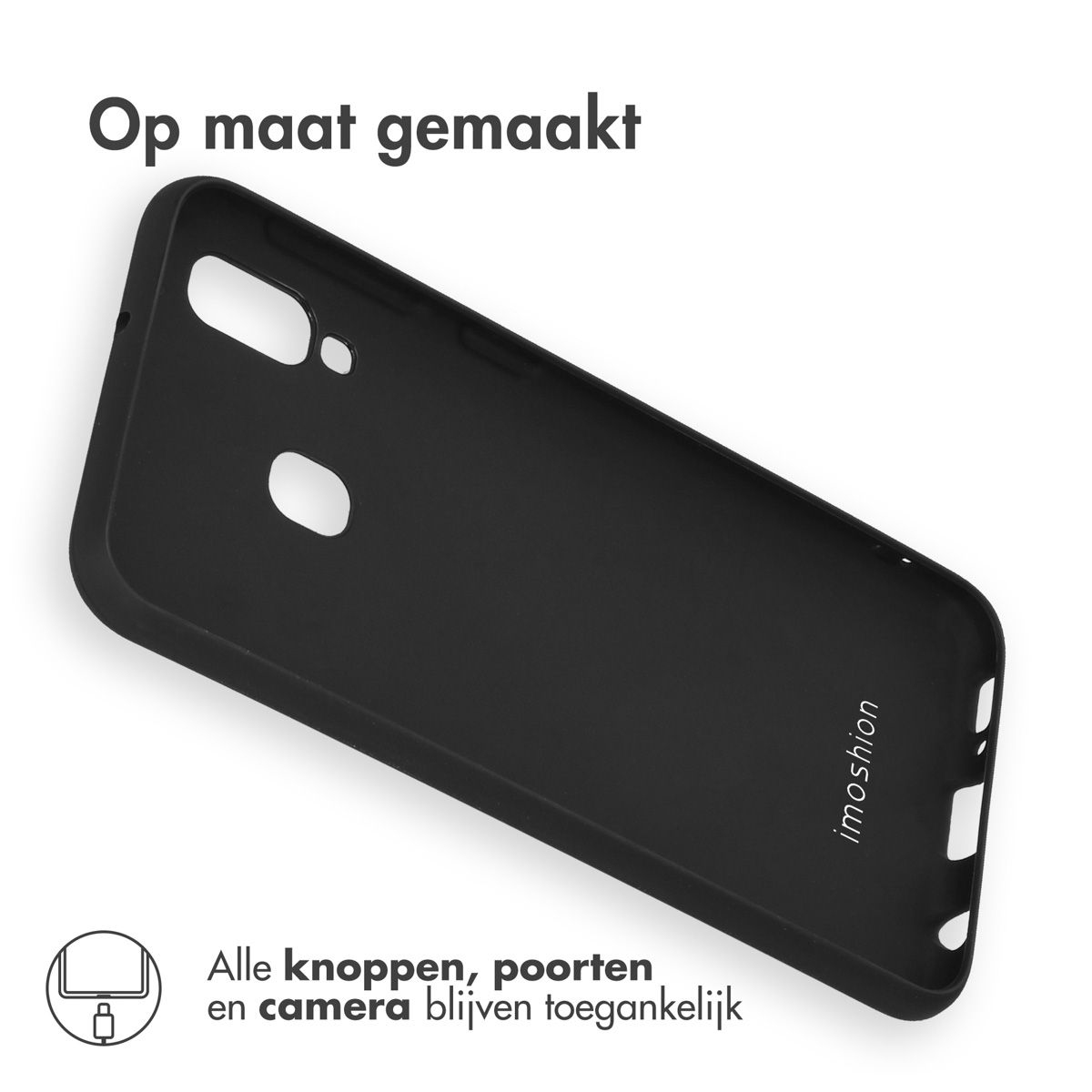 Een zwarte telefoonhoes ligt schuin, met tekst in het Nederlands. De hoes heeft openingen voor camera, knoppen en poorten.