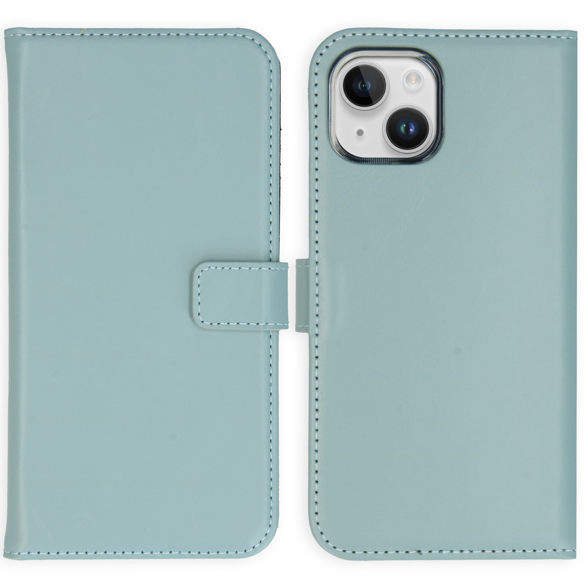 A light blue phone case, open, showing a phone with a camera. The case has a magnetic clasp.