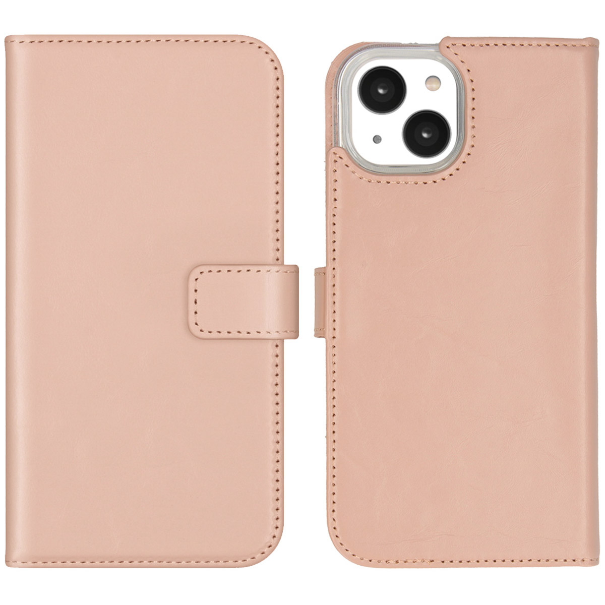 Een roze leren telefoonhoesje, opengeklapt om de telefoon te laten zien. De hoes is gestikt en heeft een magnetische sluiting.