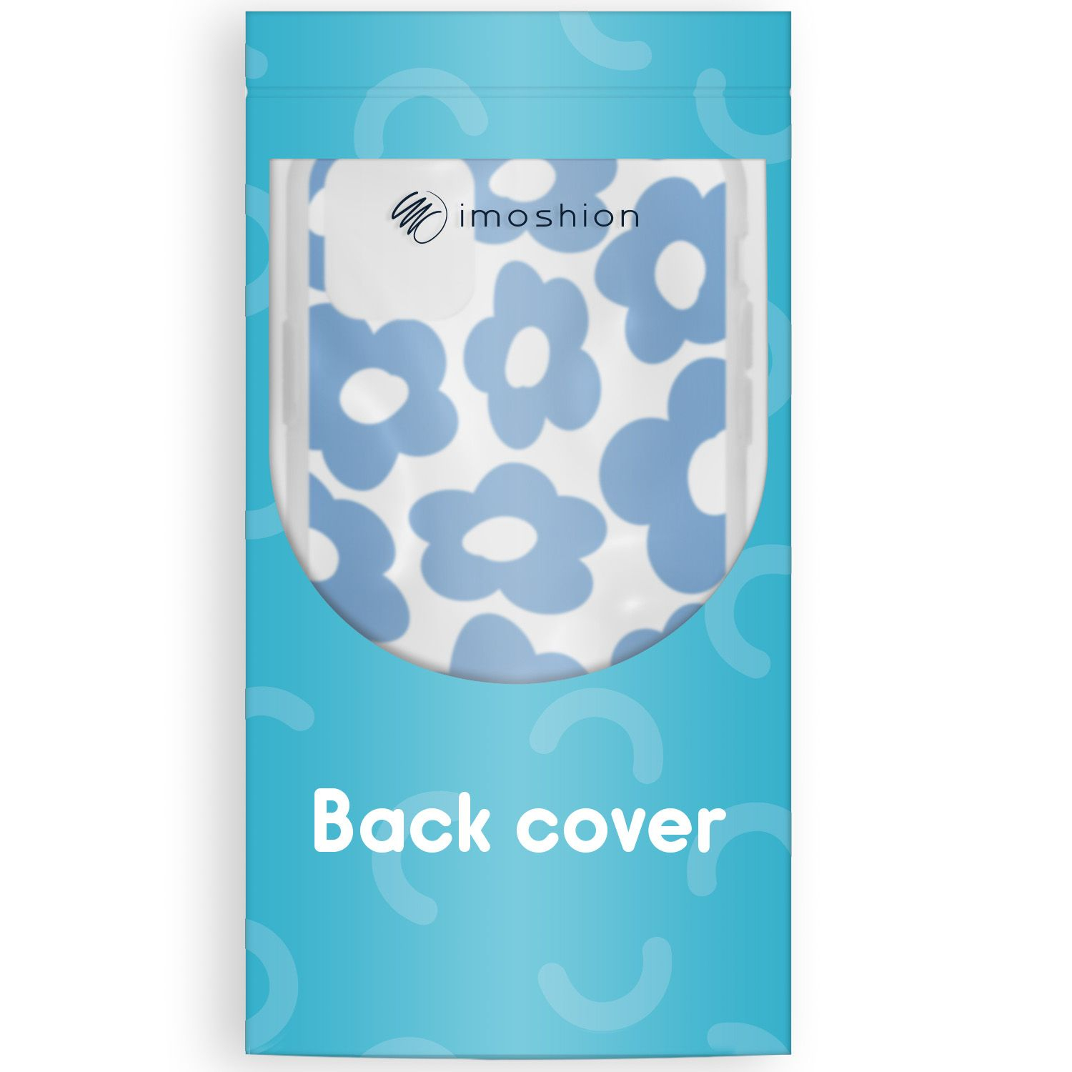 Una cover posteriore per telefono in una custodia blu. La cover ha uno sfondo bianco con forme di fiori blu. La custodia dice 'Back cover'.