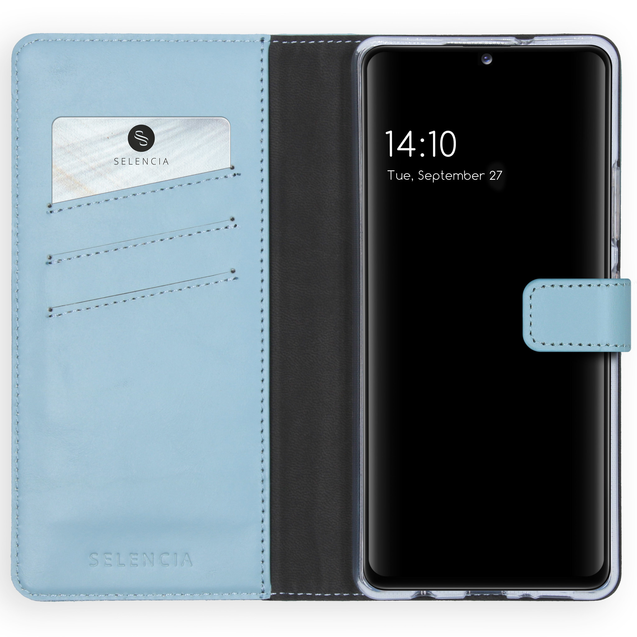 Étui de téléphone bleu clair ouvert avec un téléphone. L'heure affichée est 14:10, mardi 27 septembre. Une carte SELENCIA est visible.