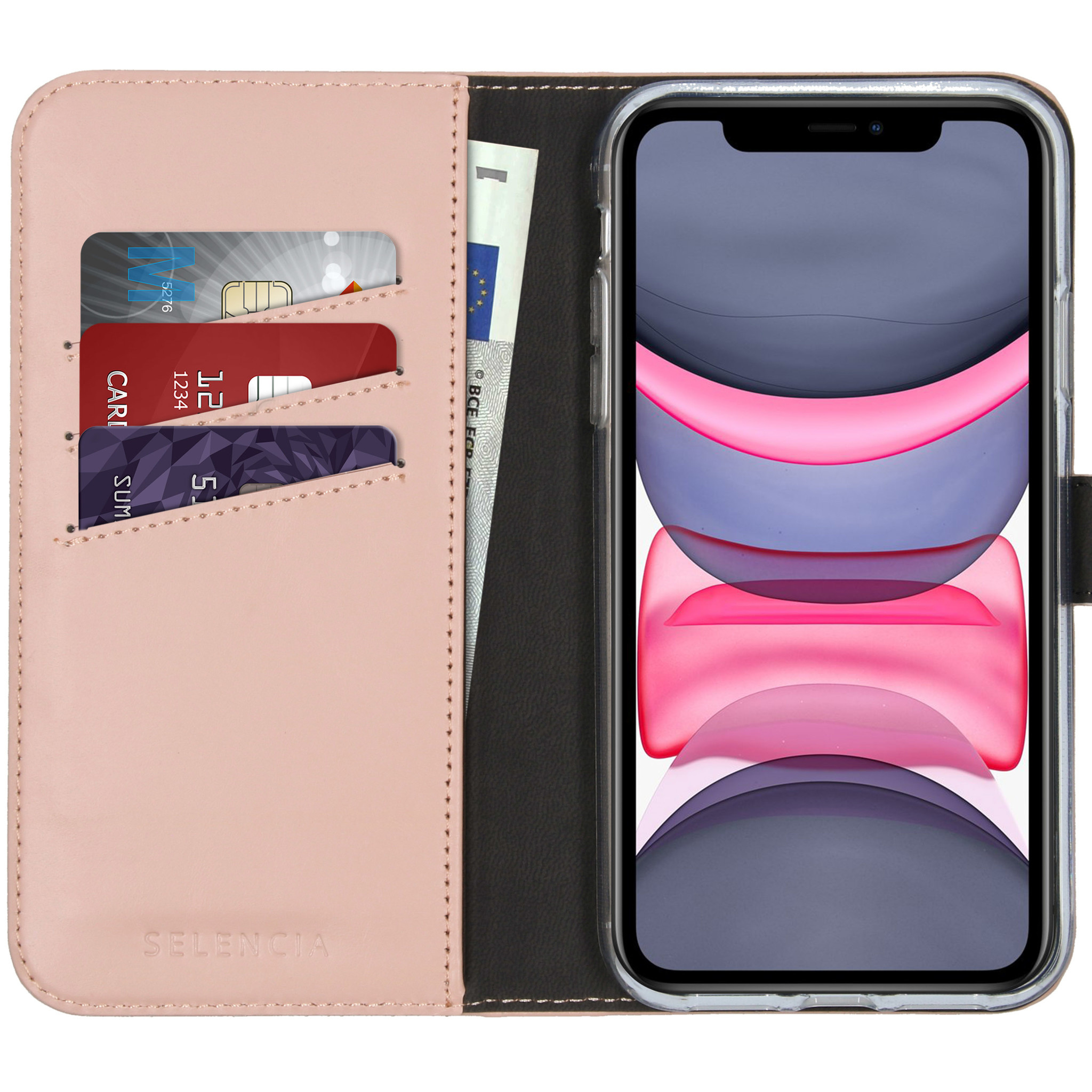 Étui portefeuille rose avec téléphone. À l'intérieur se trouvent des cartes et un billet. Le téléphone affiche une image abstraite colorée.