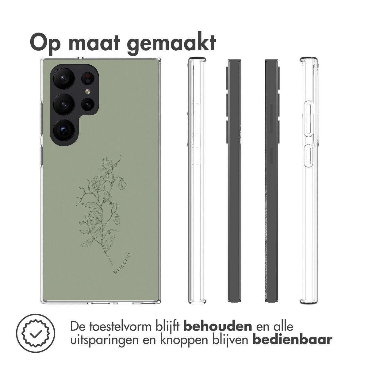 Verschiedene Handyhüllen. Eine grüne Hülle mit floralem Design, andere sind transparent und schwarz. Text: Op maat gemaakt.