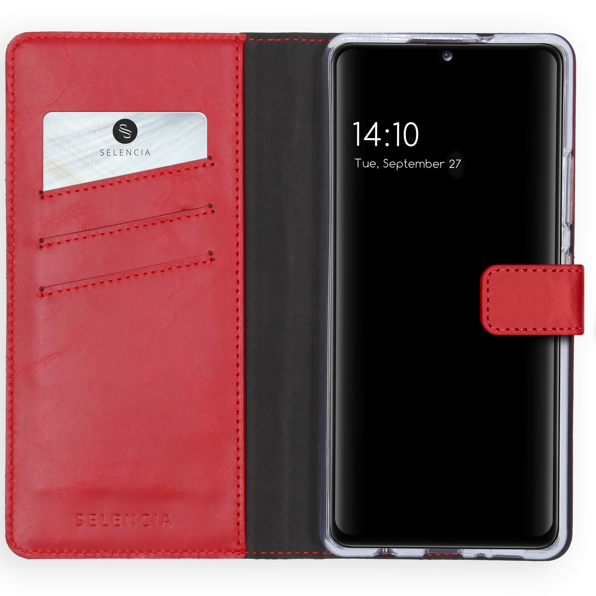 Étui de téléphone en cuir rouge avec un téléphone affichant 14h10, le 27 septembre. Une carte est dans l'étui.