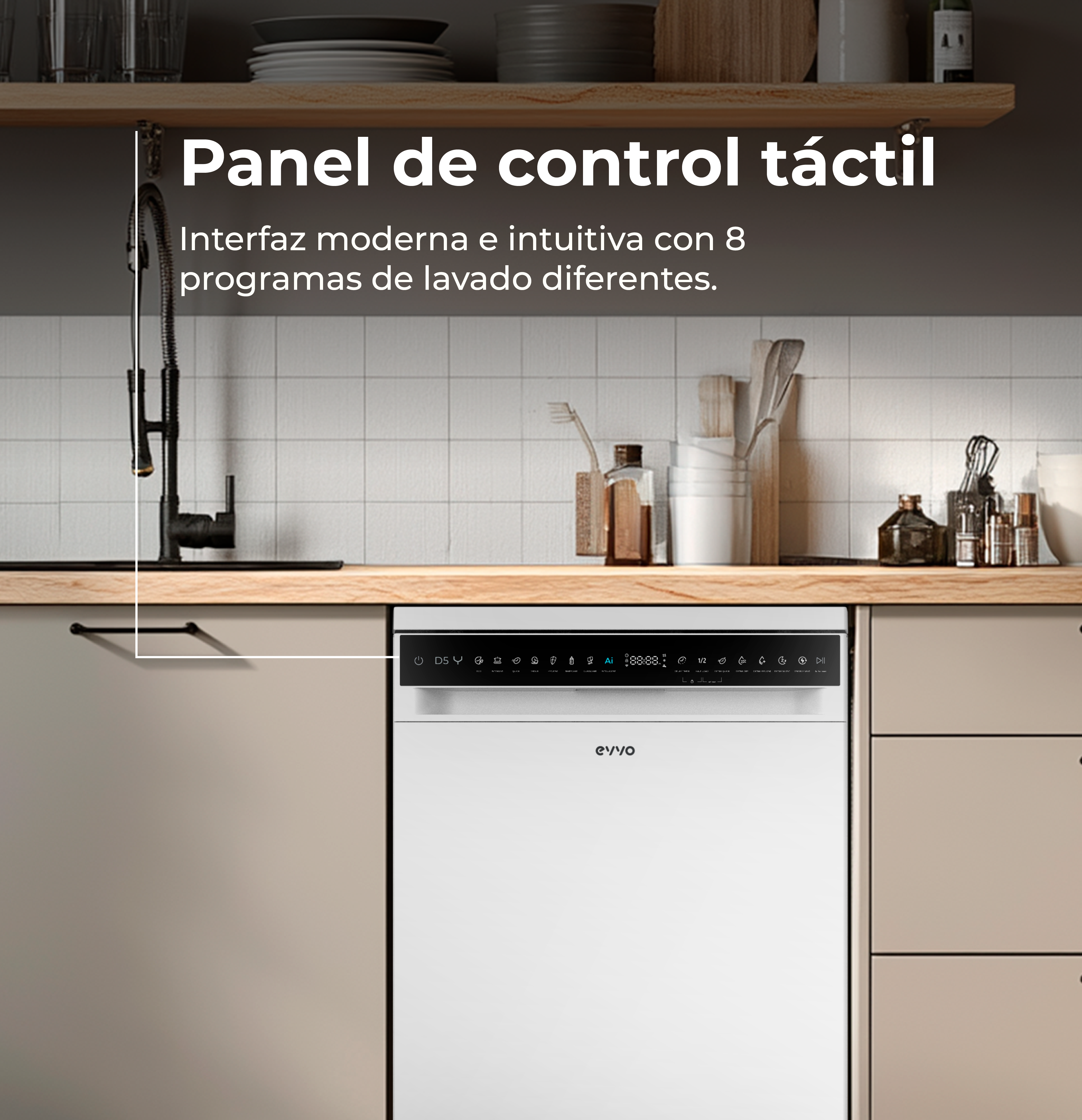 Lavavajillas con panel táctil. Frente blanco con pantalla digital. Fondo de cocina con utensilios.