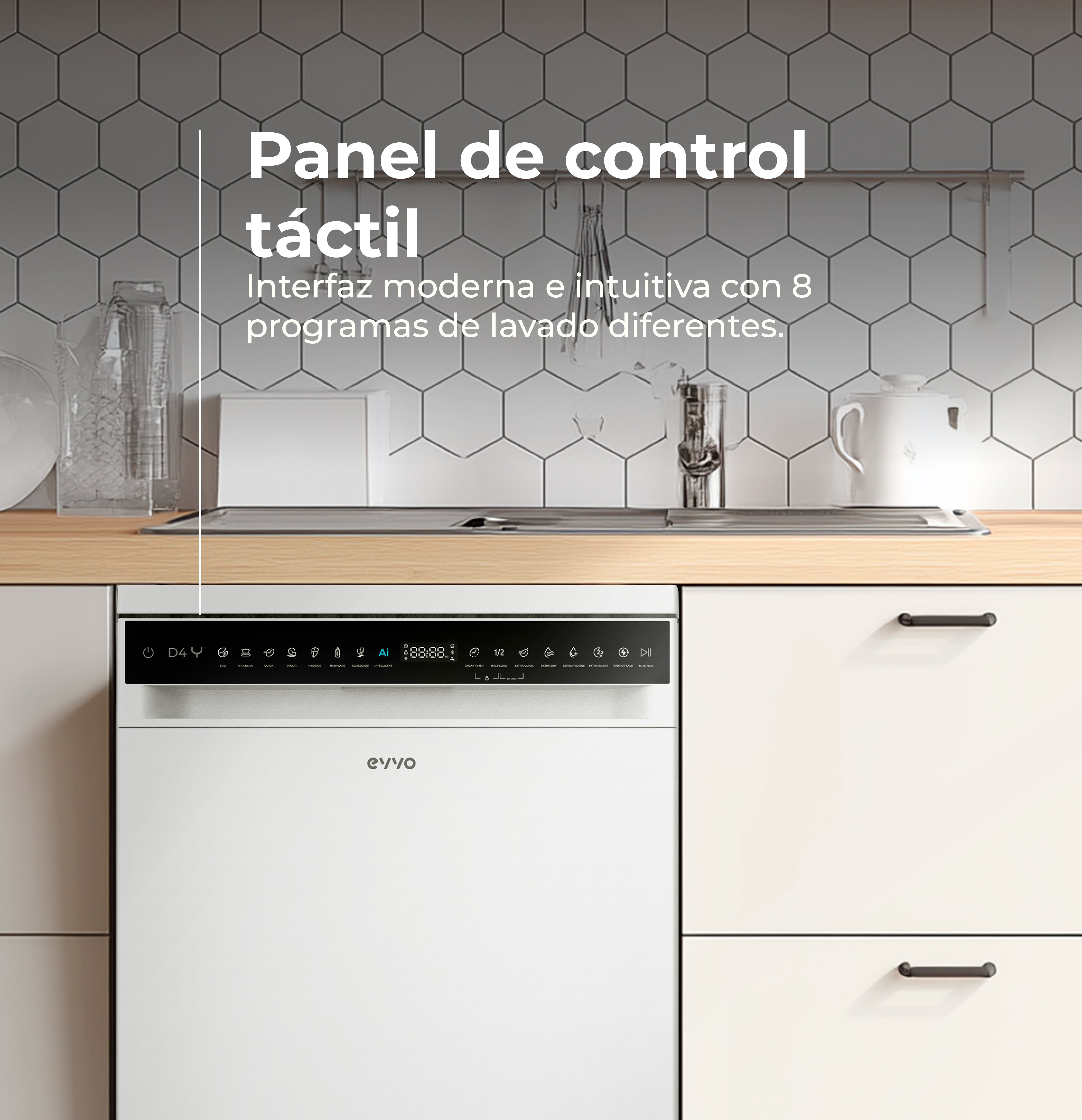 Un lavavajillas blanco con panel táctil está instalado bajo una encimera de madera, con gabinetes blancos a cada lado.