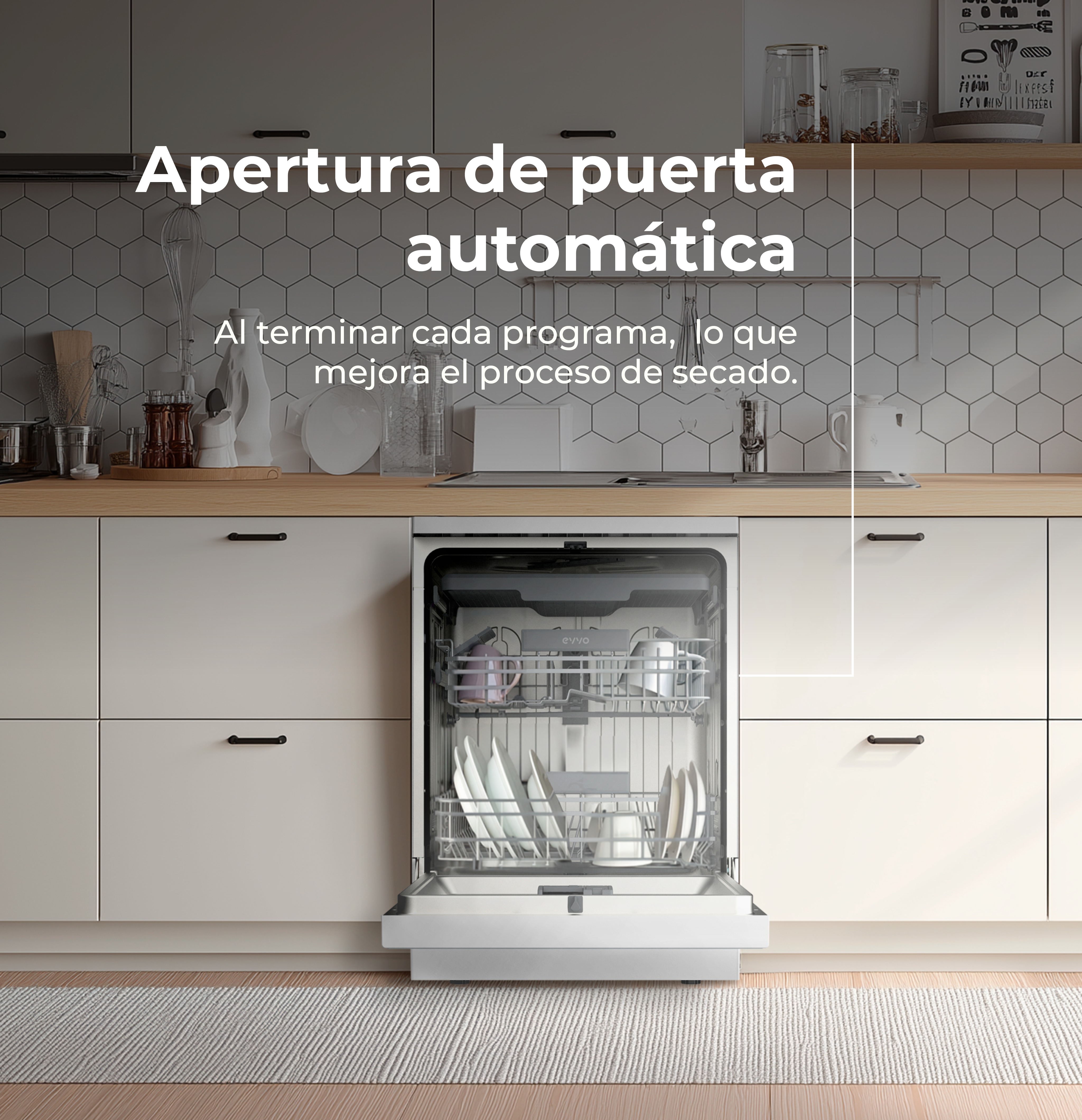 Un lavavajillas con la puerta abierta. Hay platos y tazas dentro. El texto dice: Apertura automática de puerta.
