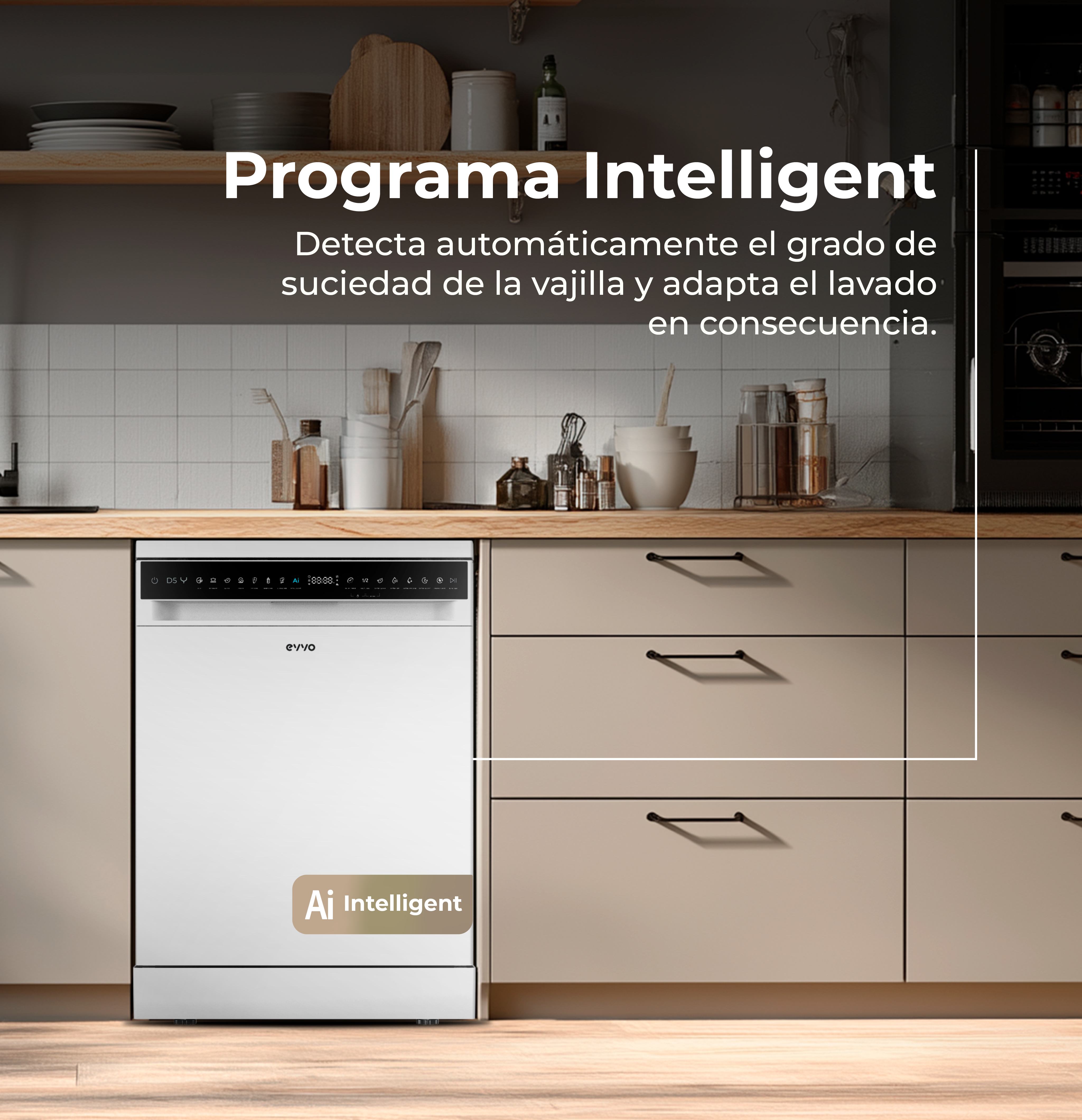 Un lavavajillas blanco está centrado. El texto de arriba dice 'Programa Intelligent'. La cocina tiene armarios marrones claros y estantes de madera.