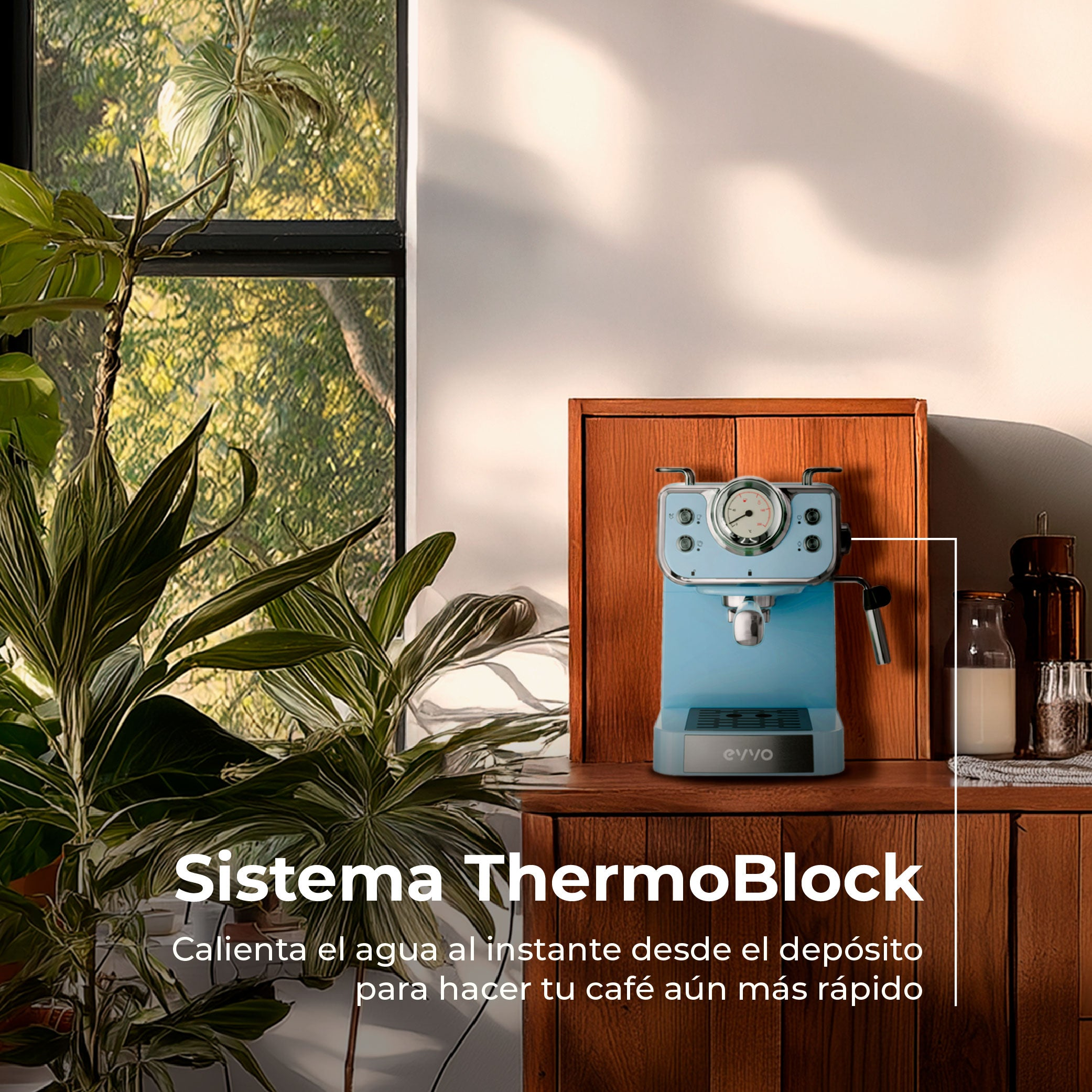 Una máquina de espresso azul claro se encuentra sobre un mueble de madera, con plantas en primer plano y una ventana en el fondo.
