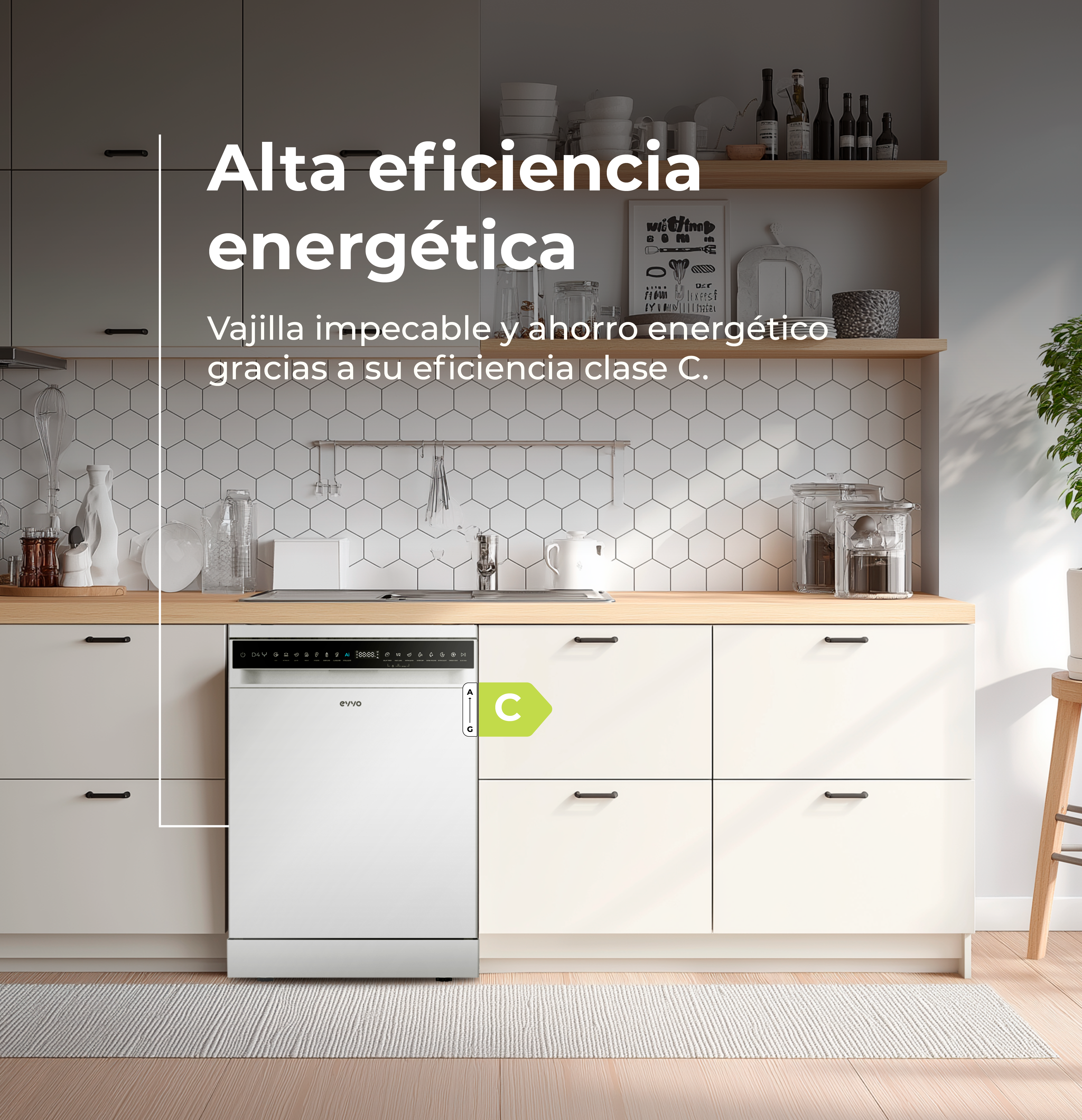 Un lavavajillas blanco en una cocina. Texto: Alta eficiencia energética. Incluye una etiqueta de eficiencia energética C.
