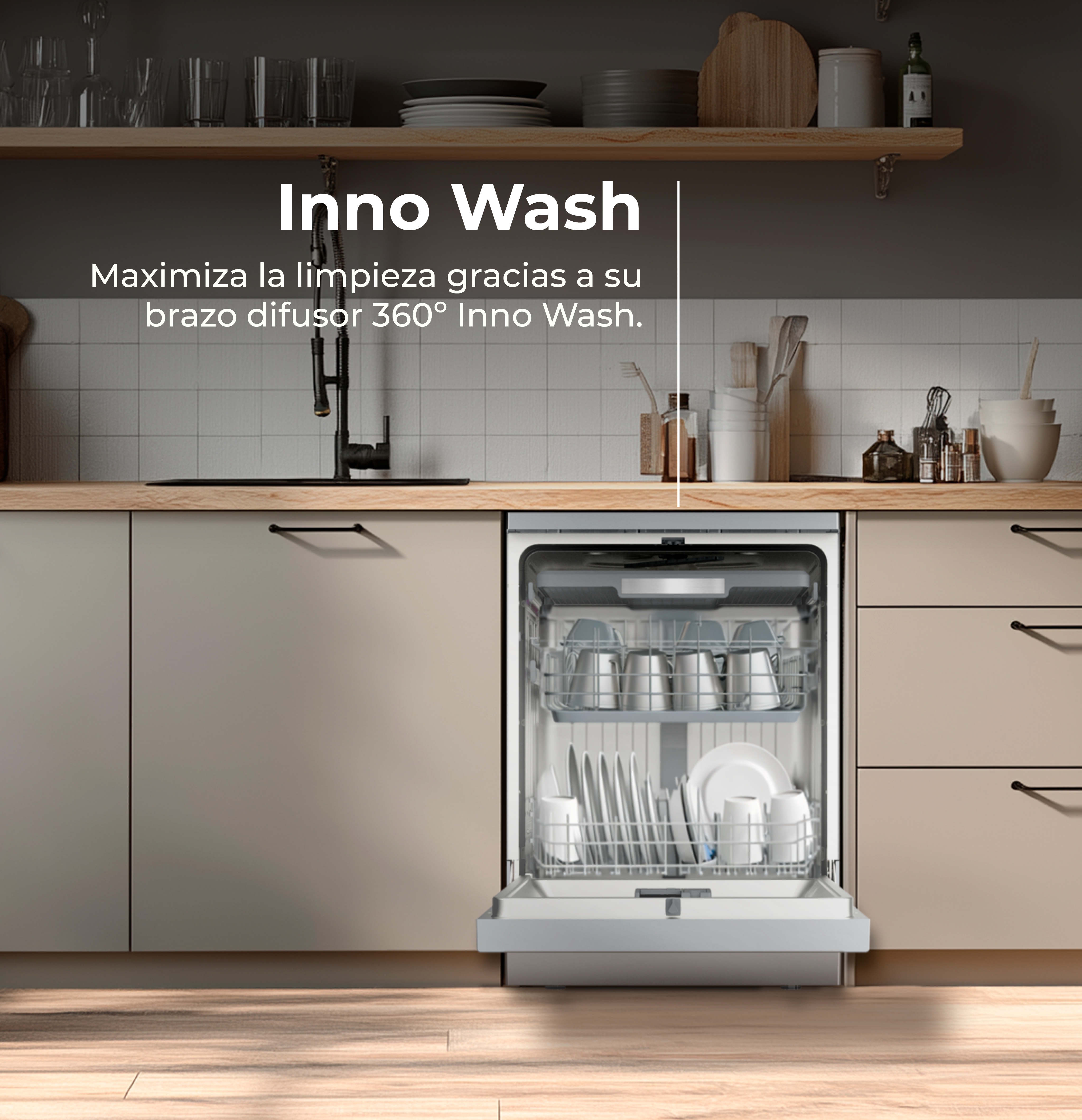 Lavavajillas con la puerta abierta en una cocina. Los platos están dentro. El texto dice 'Inno Wash'.