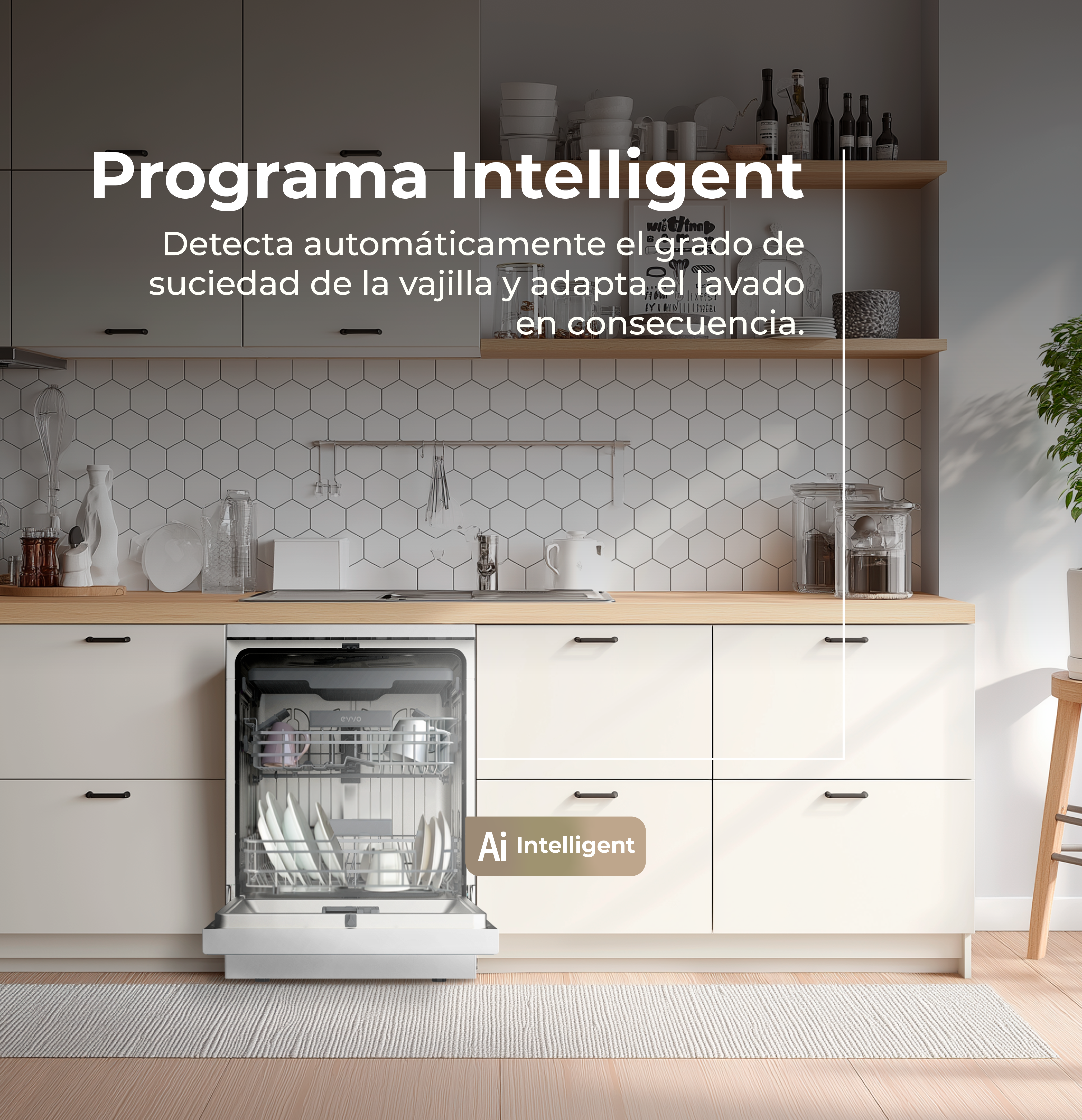 Una cocina con lavavajillas abierto. El texto dice 'AI Intelligent' y describe las características del aparato.