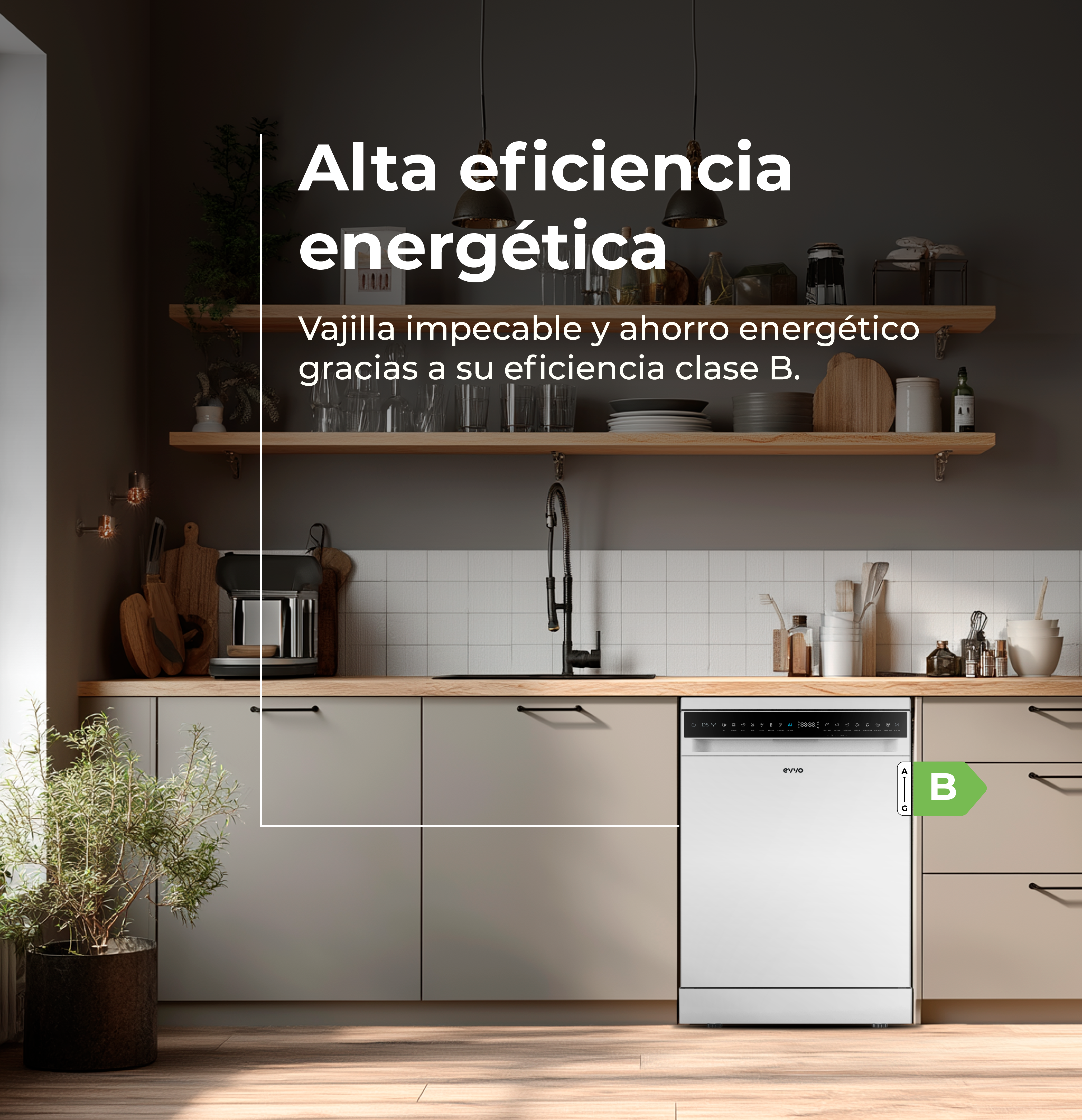 Una cocina con lavavajillas, estantes con platos y una planta en maceta. El lavavajillas es de clase B.