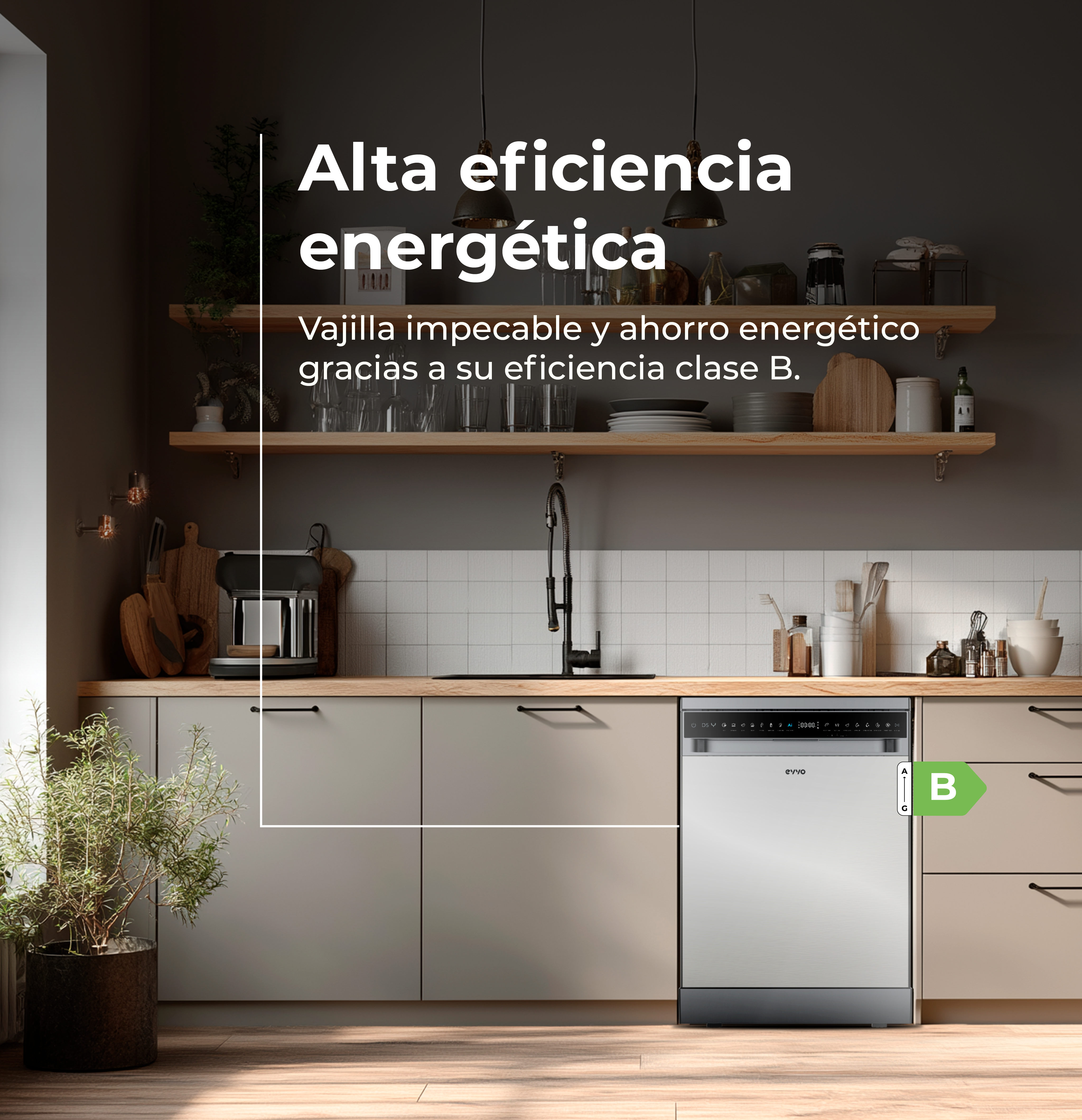 Escena de cocina con lavavajillas, estantes de madera y planta. El texto destaca la eficiencia energética B.