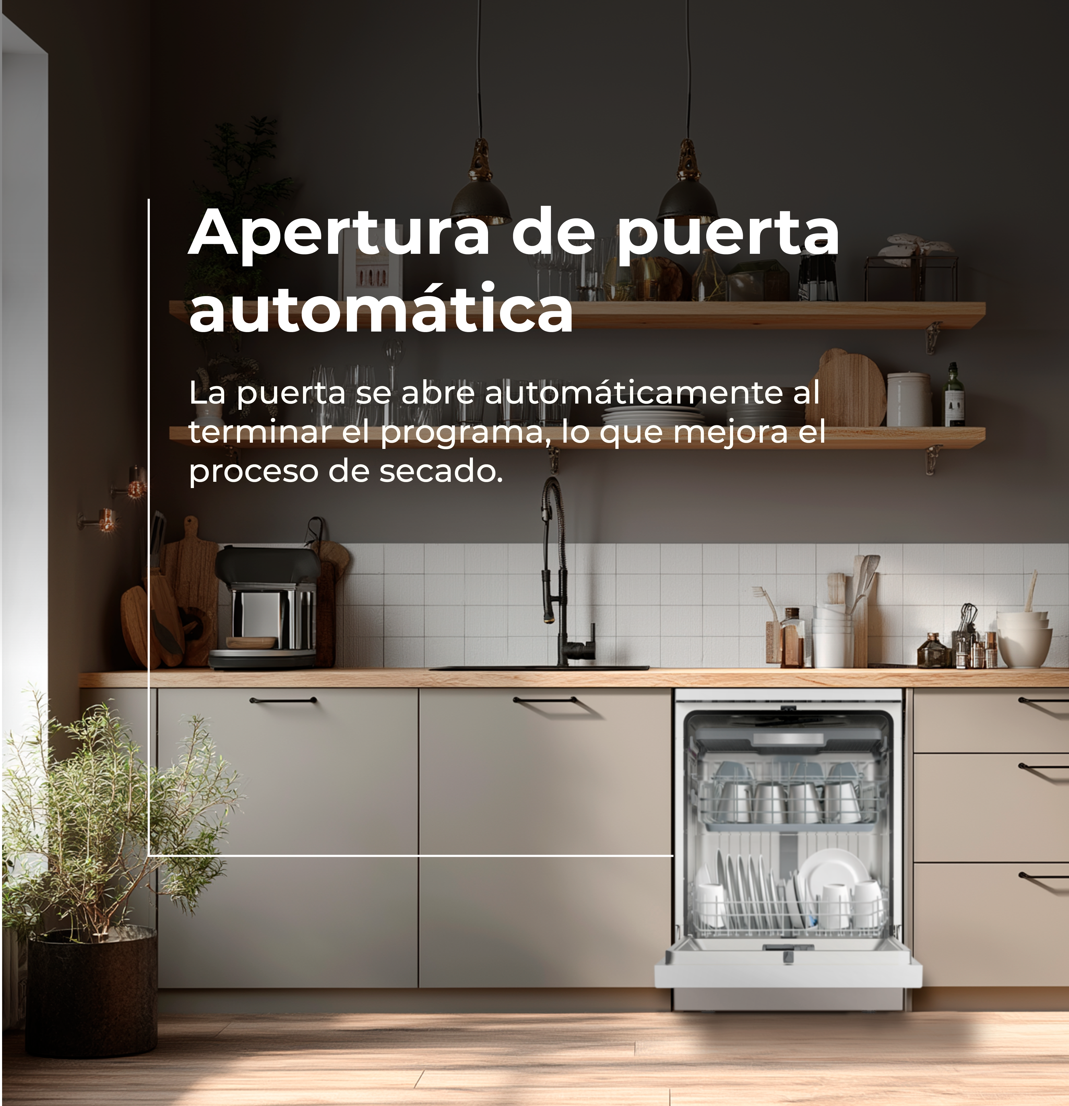 Un lavavajillas con la puerta abierta está en una cocina. El texto dice apertura automática de la puerta.