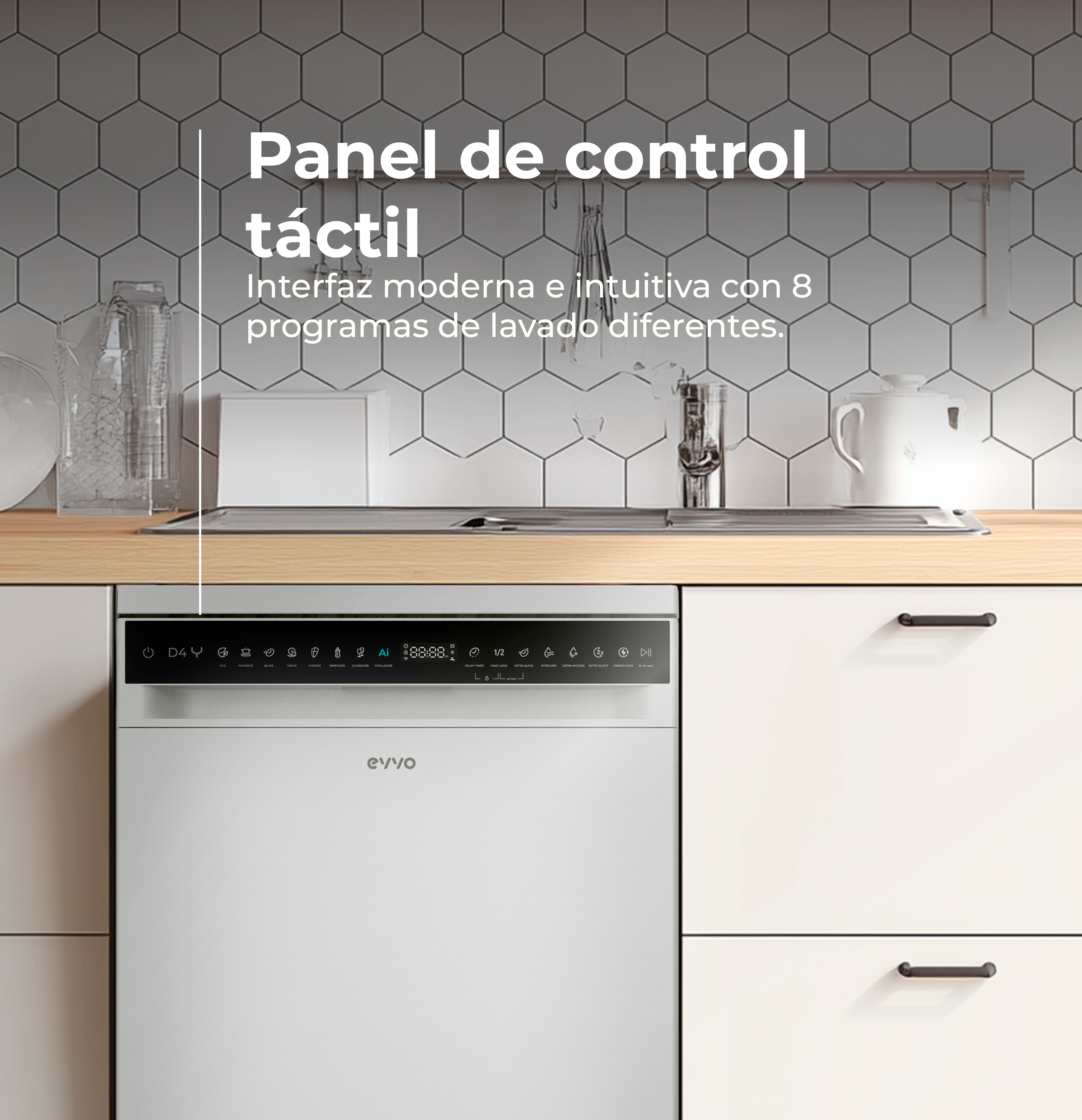 Lavavajillas blanco con panel de control negro, iconos y pantalla. La cocina tiene una placa para salpicaduras y gabinetes blancos.