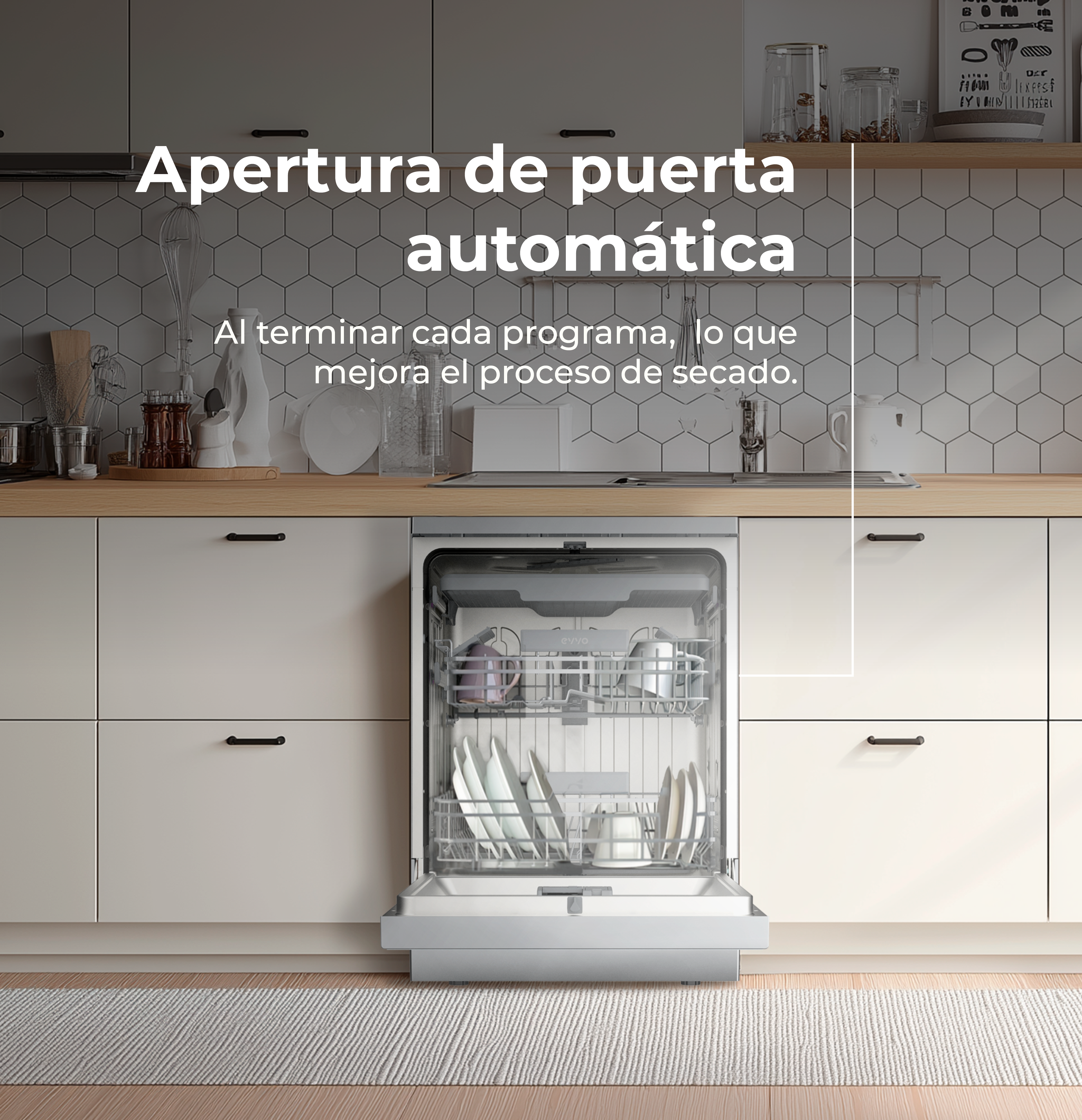 Lavavajillas abierto con platos. El texto dice que la apertura automática mejora el secado.