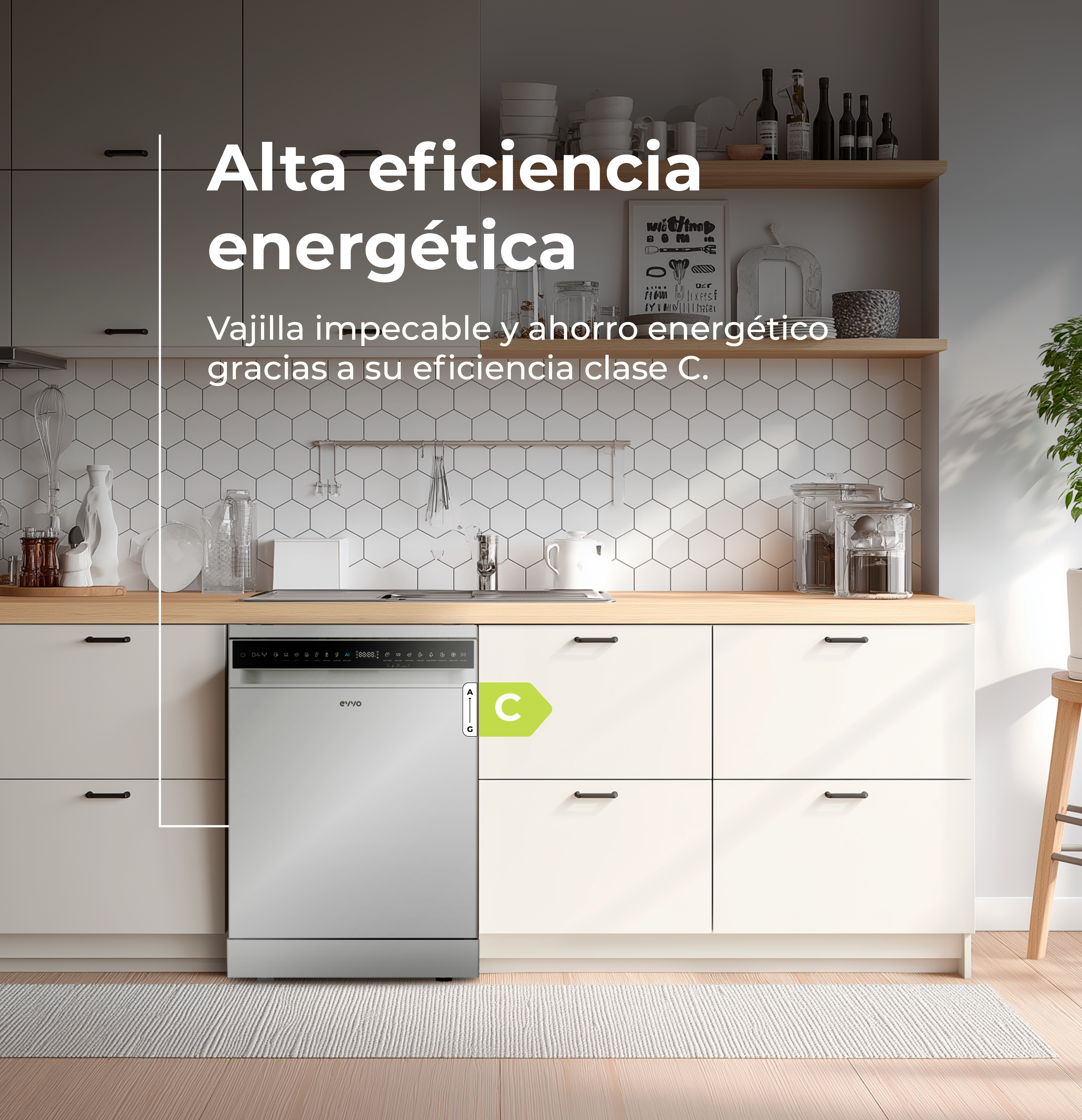 Una cocina con lavavajillas. El texto dice 'Alta eficiencia energética' y clase de energía 'C'. Se ven armarios y una alfombra.