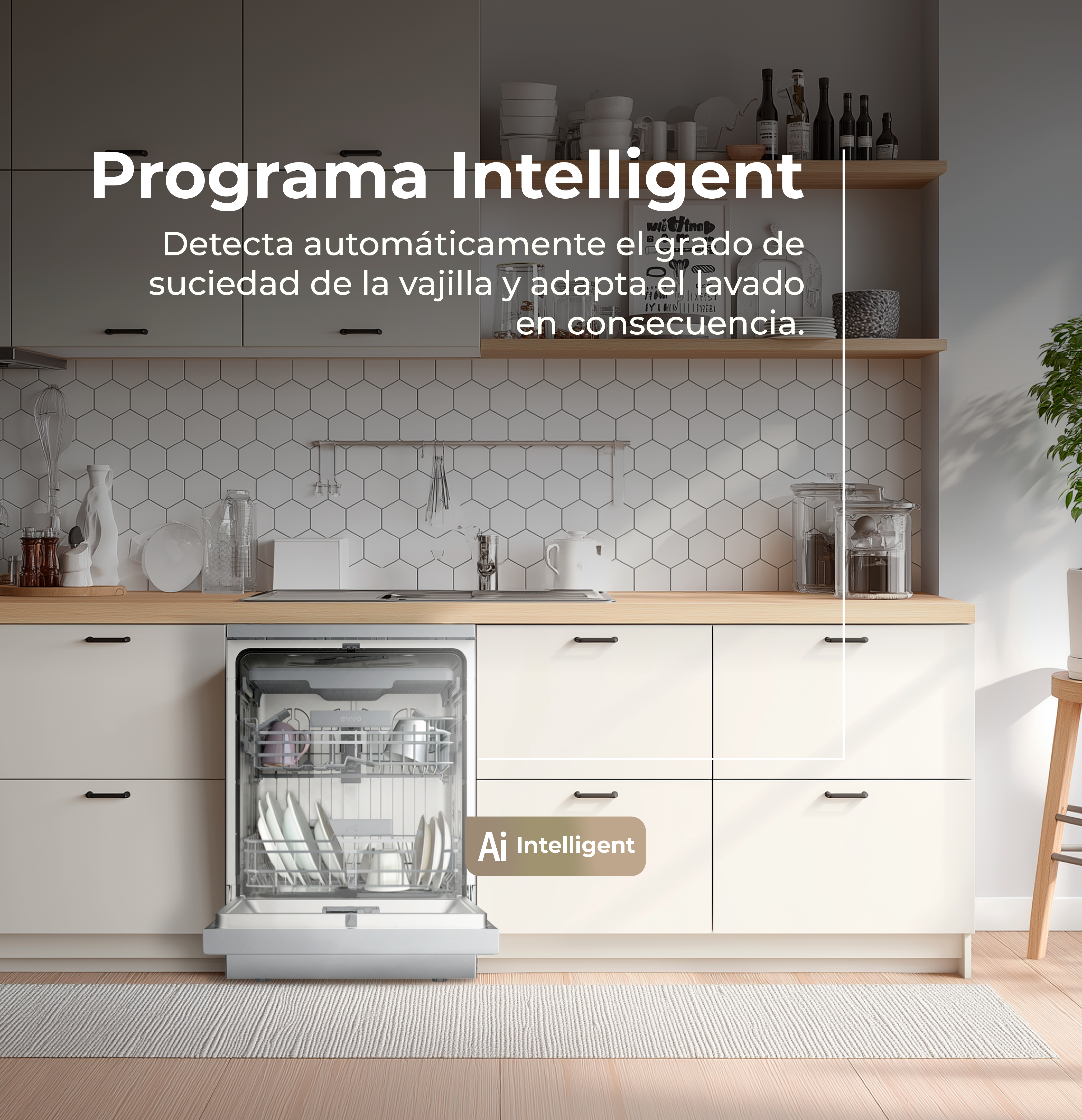 Escena de cocina con lavavajillas abierto. El texto dice 'Programa Intelligent' y 'AI Intelligent'.