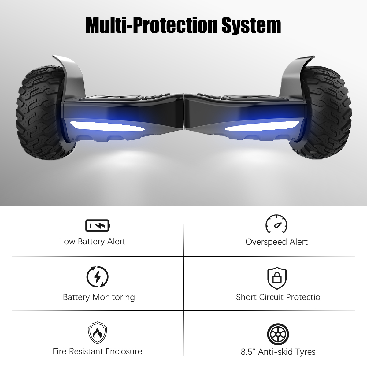 Een zwart hoverboard met blauwe lichten, met pictogrammen voor veiligheidsvoorzieningen, waaronder lage batterij, te hoge snelheid en brandwerend.