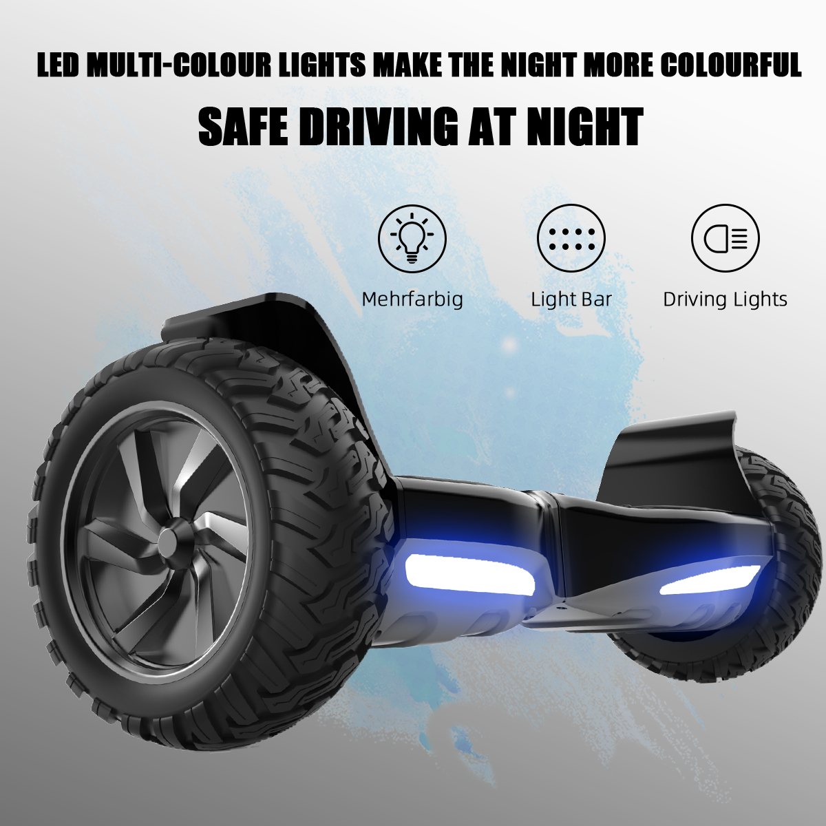 Een zwart hoverboard met blauwe lichten, grote banden en tekst over veilig rijden 's nachts en meerkleurige lichten.