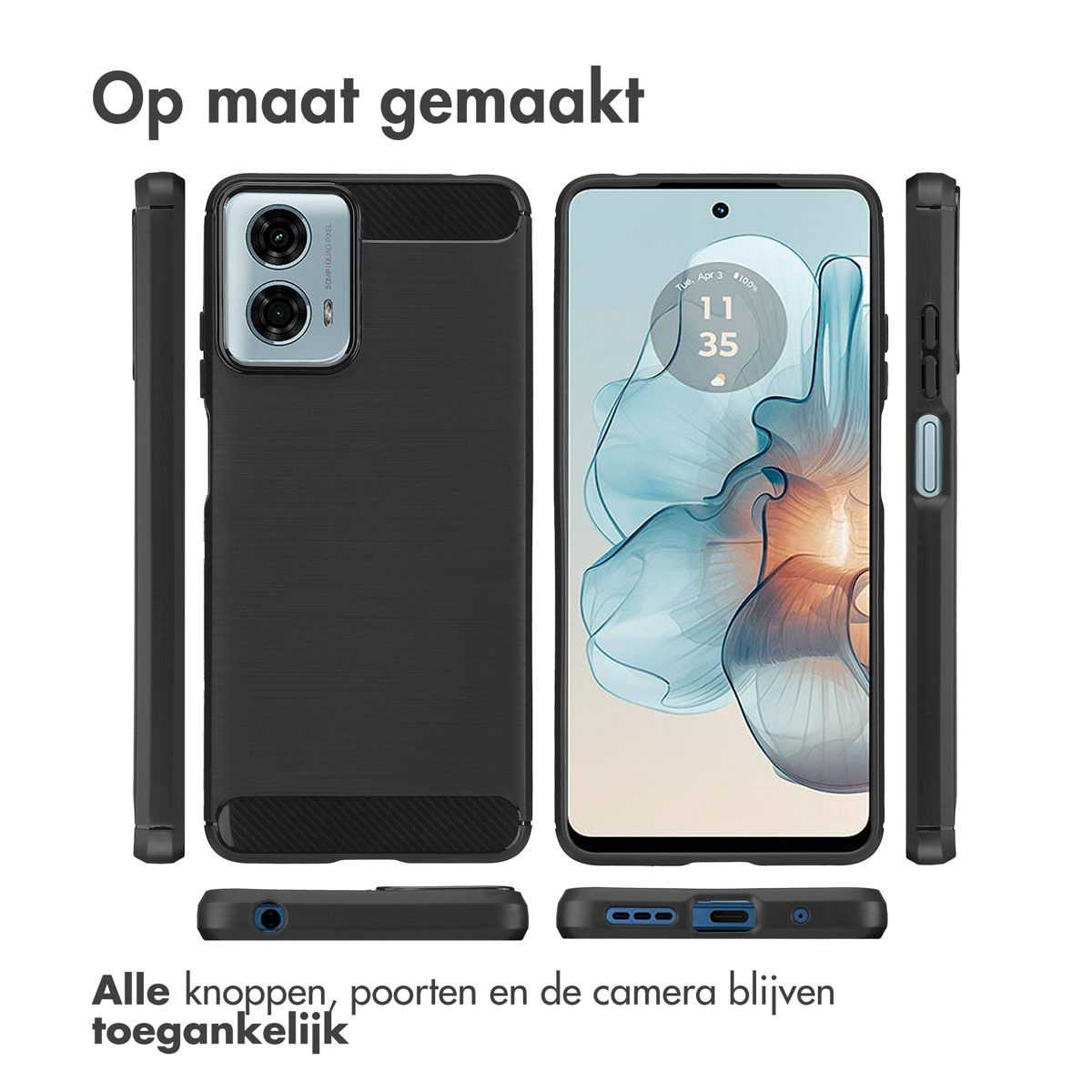 Viene mostrato un telefono in una custodia nera. Lo schermo mostra l'ora. Il testo dice 'Op maat gemaakt' e 'Alle knoppen... toegankelijk'.