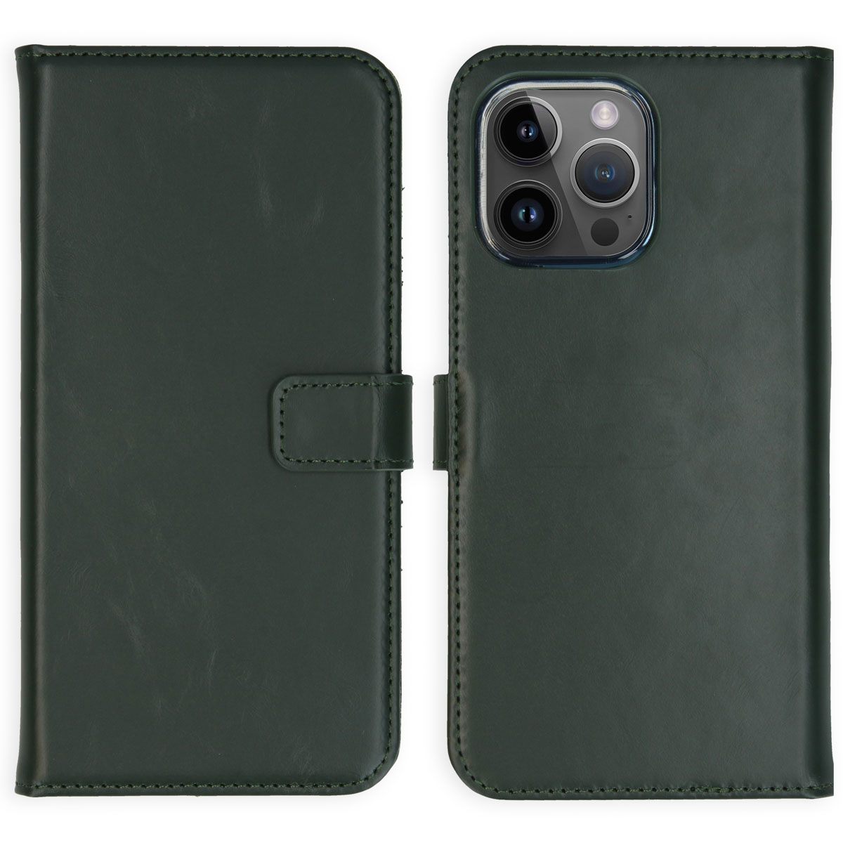 Étui de téléphone en cuir vert foncé, ouvert. Montre l'intérieur, avec un téléphone visible sur le côté droit. L'étui a une fermeture magnétique.