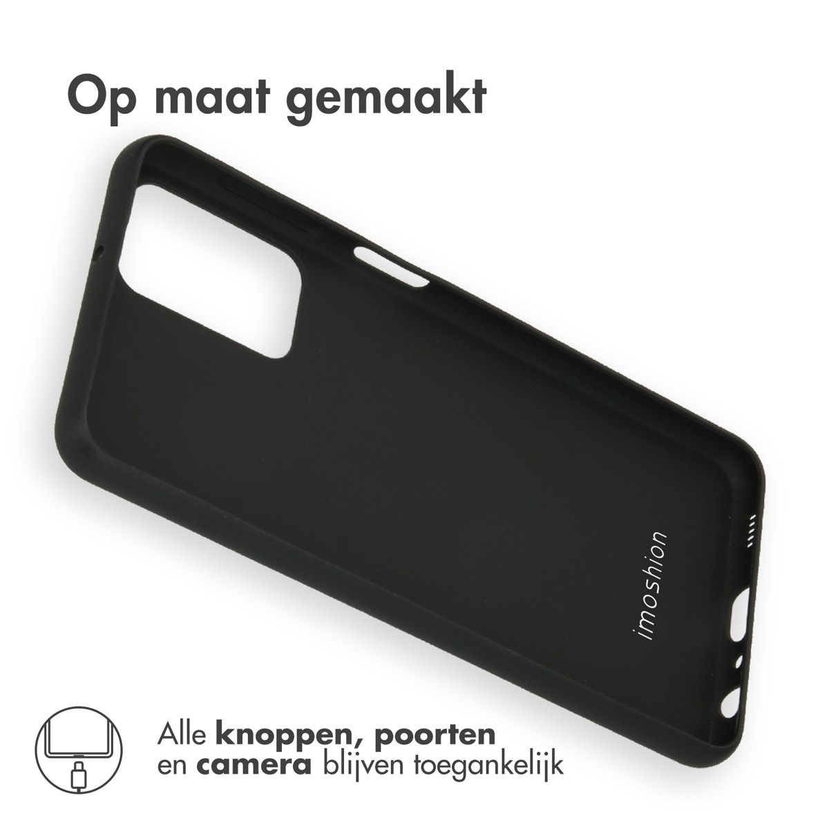 Zwarte telefoonhoes met de tekst "Op maat gemaakt" bovenaan en "Alle knoppen, poorten en camera blijven toegankelijk" onderaan.