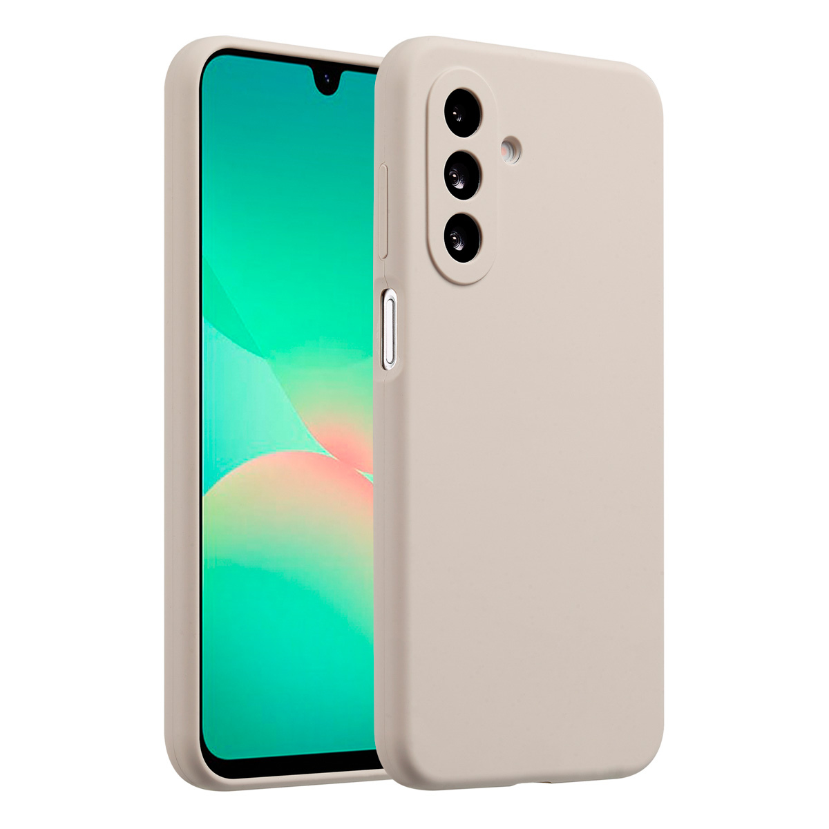 Een beige smartphonehoesje naast de telefoon. De telefoon heeft een groen scherm. De hoes heeft drie cameralenzen.