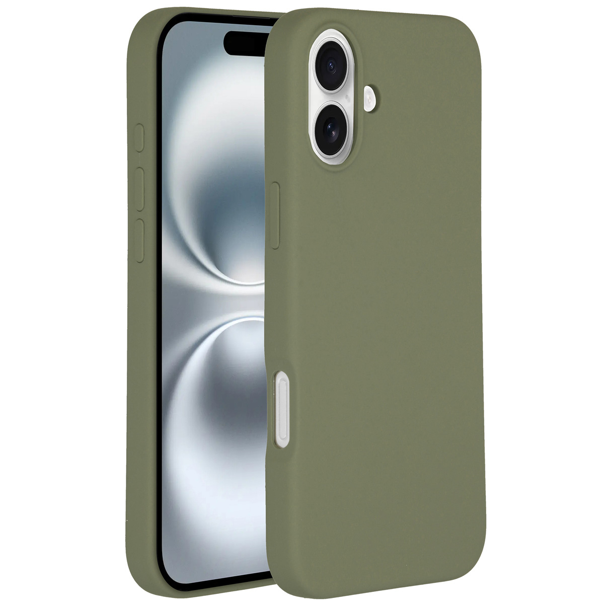 Une coque de téléphone vert olive avec un téléphone à l'intérieur, montrant l'écran. La coque est inclinée pour montrer la caméra.