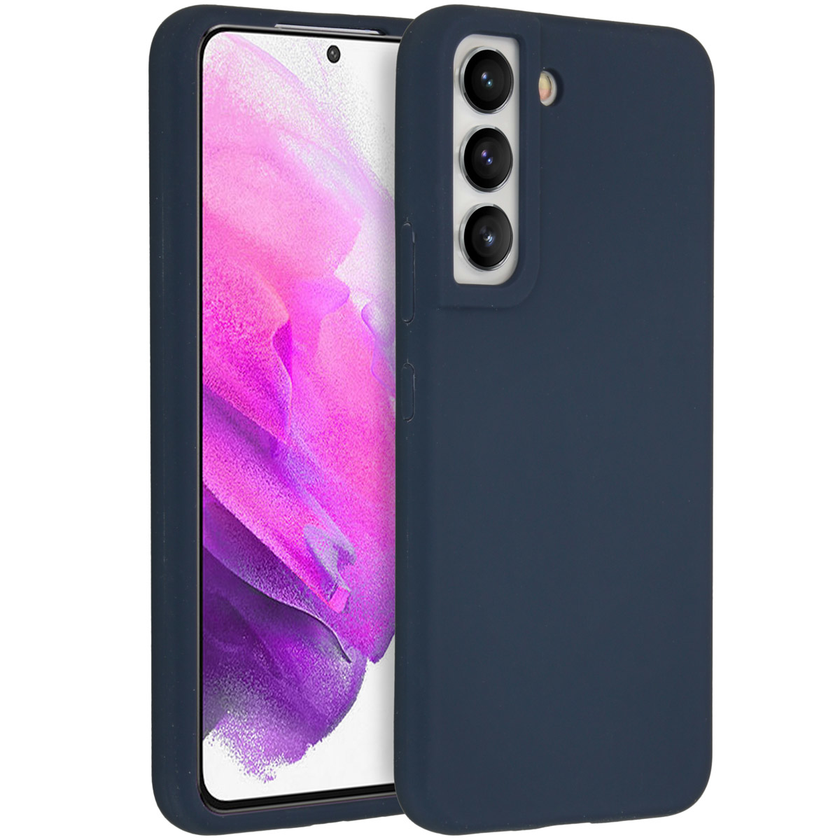 Eine marineblaue Handyhülle mit einem Telefon darin wird gezeigt. Der Bildschirm zeigt rosa und weiße Wellenmuster. Die Kamera ist sichtbar.