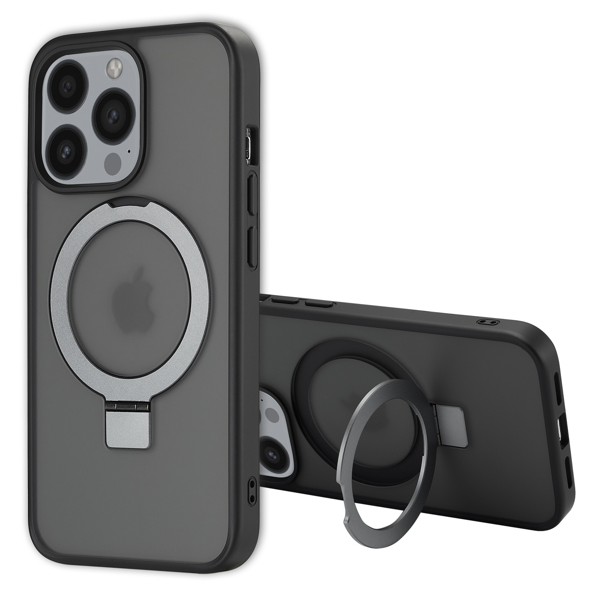 Twee zwarte iPhone-hoesjes. Eén rechtop, de andere op zijn kant, beide met een zilveren ringstandaard en cameradetails zichtbaar.