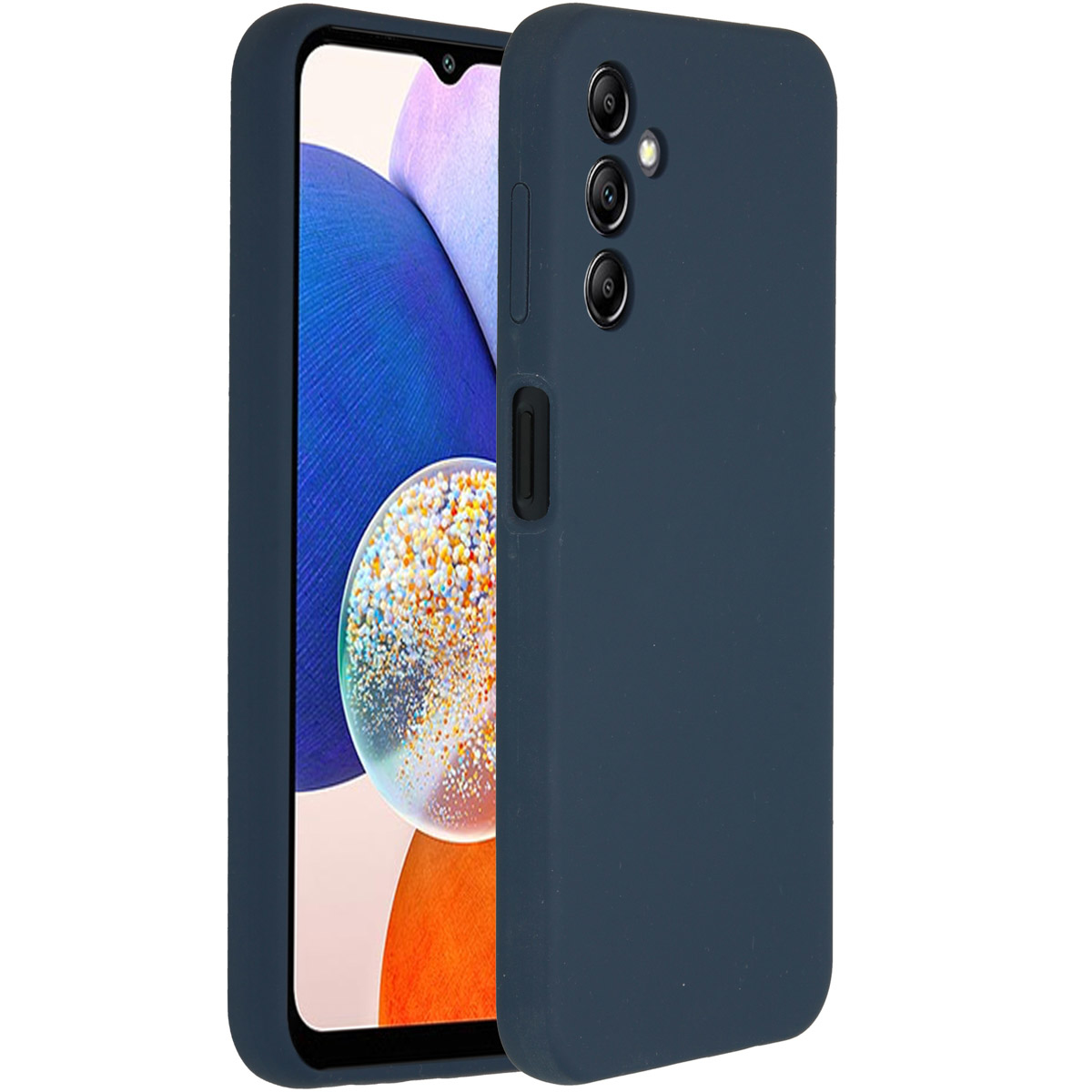 Een donkerblauwe telefoonhoes op een witte achtergrond. De telefoon toont een scherm met blauwe en paarse kleuren.