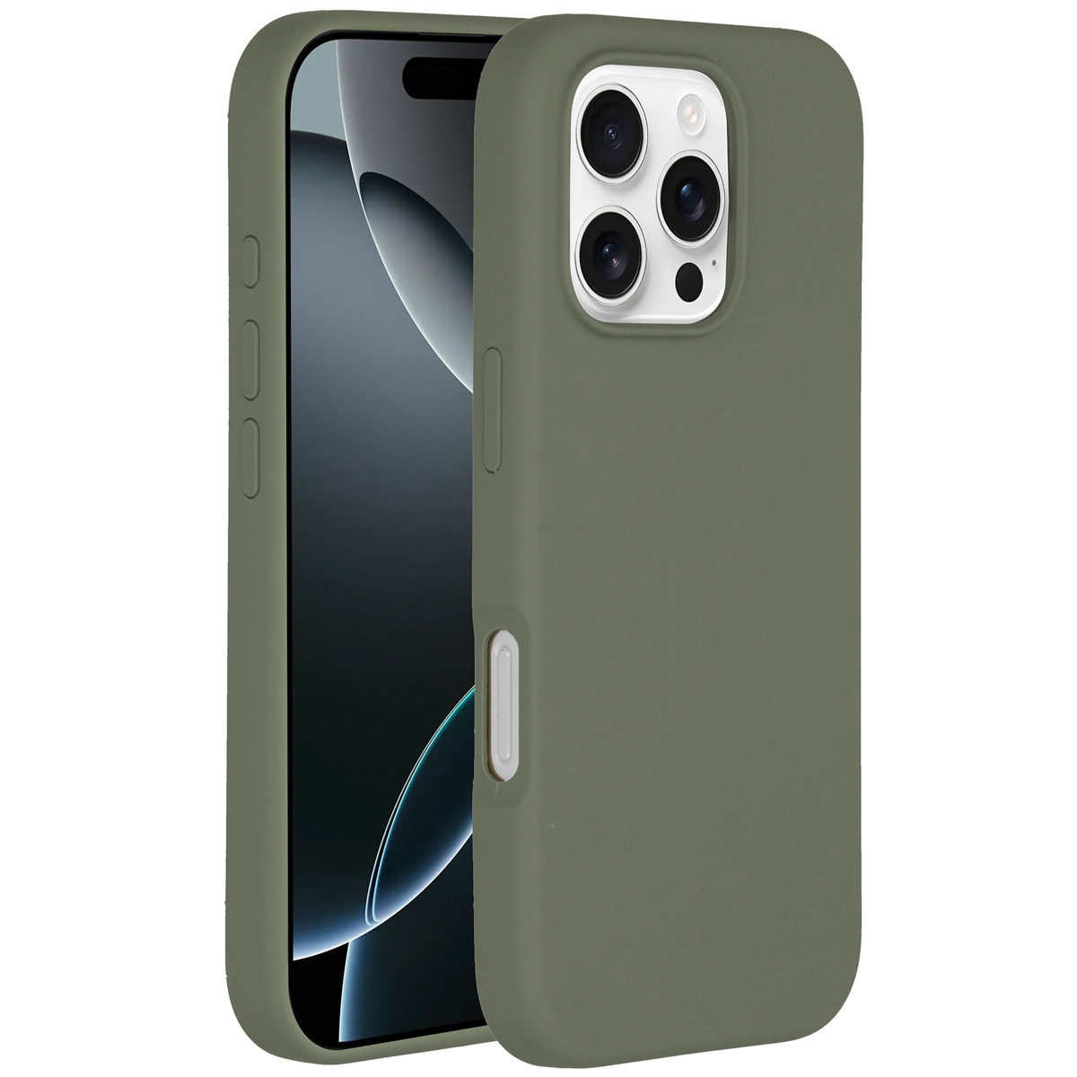 Une coque de téléphone vert olive avec un téléphone à l'intérieur. La coque a des ouvertures pour l'appareil photo et les boutons. L'écran du téléphone est visible.
