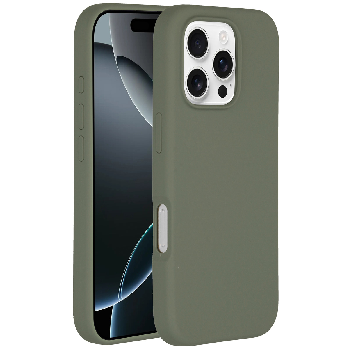 Een olijfgroene telefoonhoes met een telefoon erin. De hoes heeft openingen voor de camera en knoppen. Het telefoonscherm is zichtbaar.