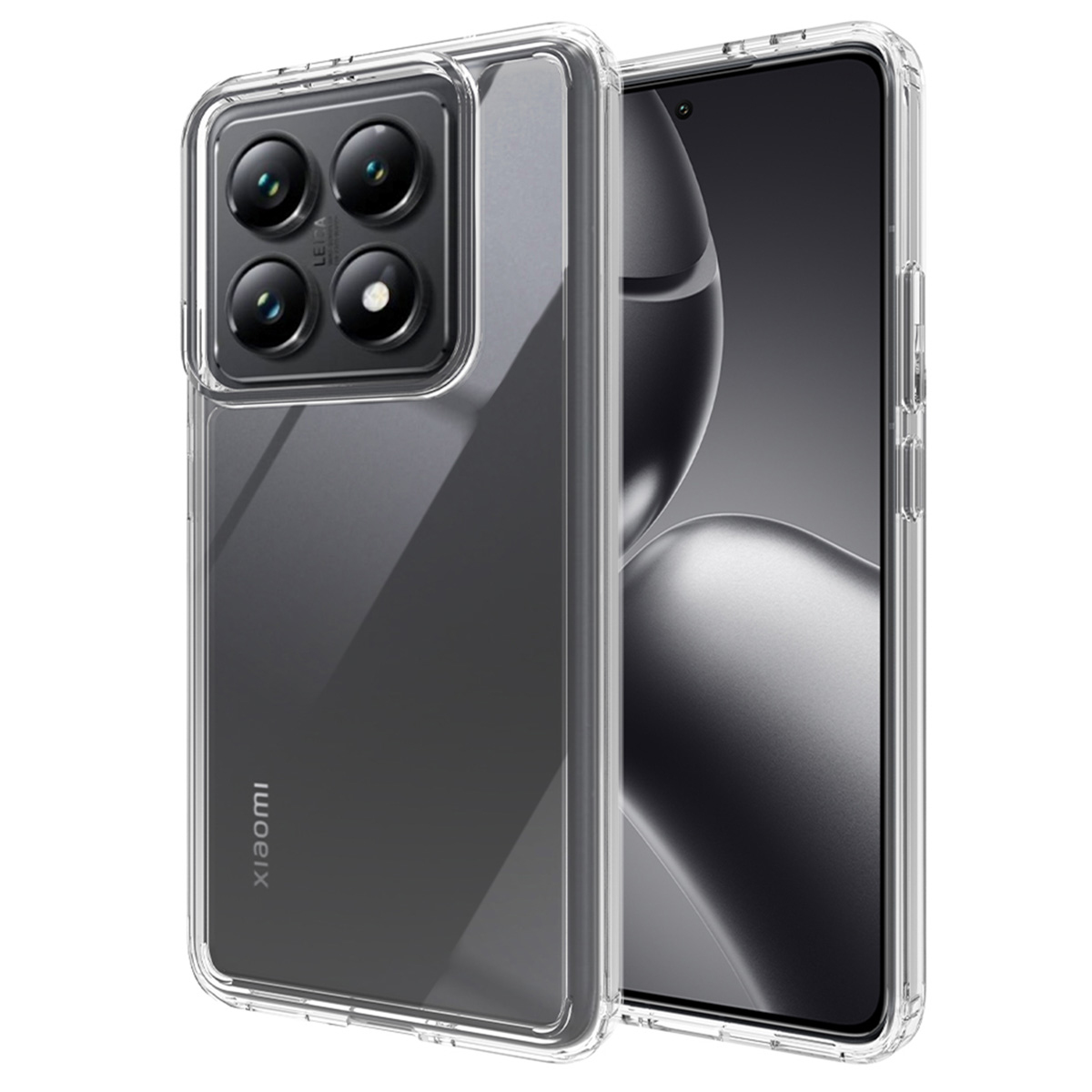 Une coque transparente protège un smartphone. La coque a un module caméra avec quatre lentilles. Le téléphone est visible.
