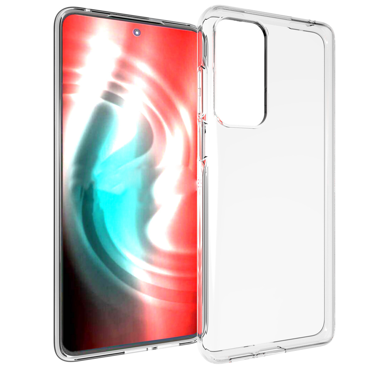 Een doorzichtige telefoonhoes naast een smartphone met een rood en blauw scherm. De hoes is transparant en toont het scherm.