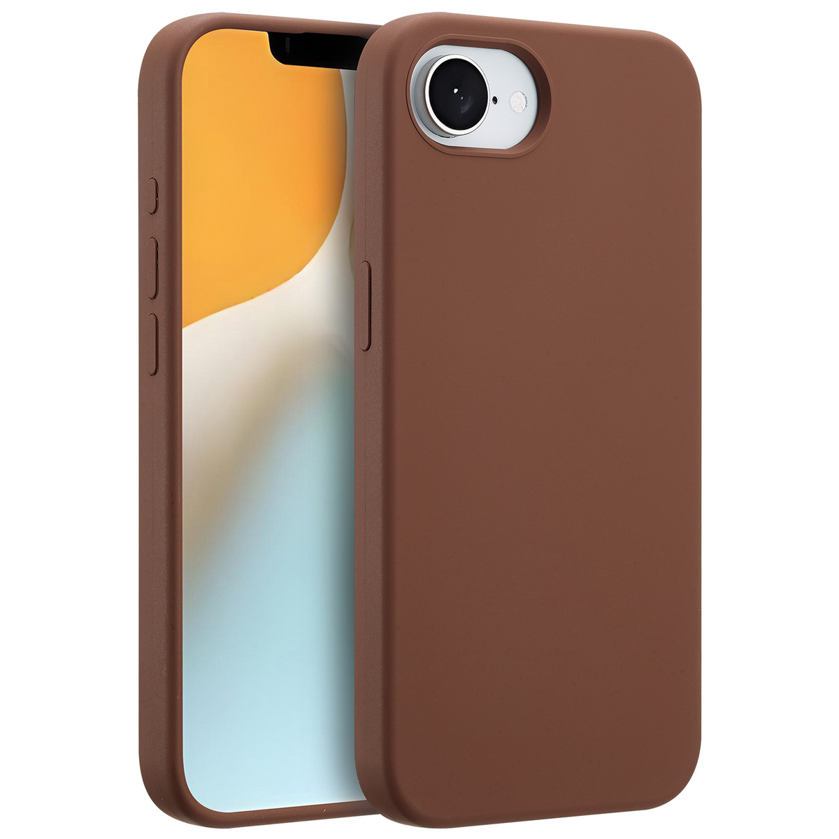 Een bruine telefoonhoes wordt getoond, die gedeeltelijk een telefoon bedekt met een geel en blauw scherm. De cameralens is zichtbaar.