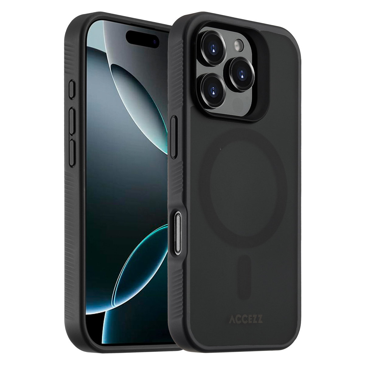 Due custodie nere per iPhone. Una mostra lo schermo, l'altra le lenti della fotocamera e il logo ACCEZZ.